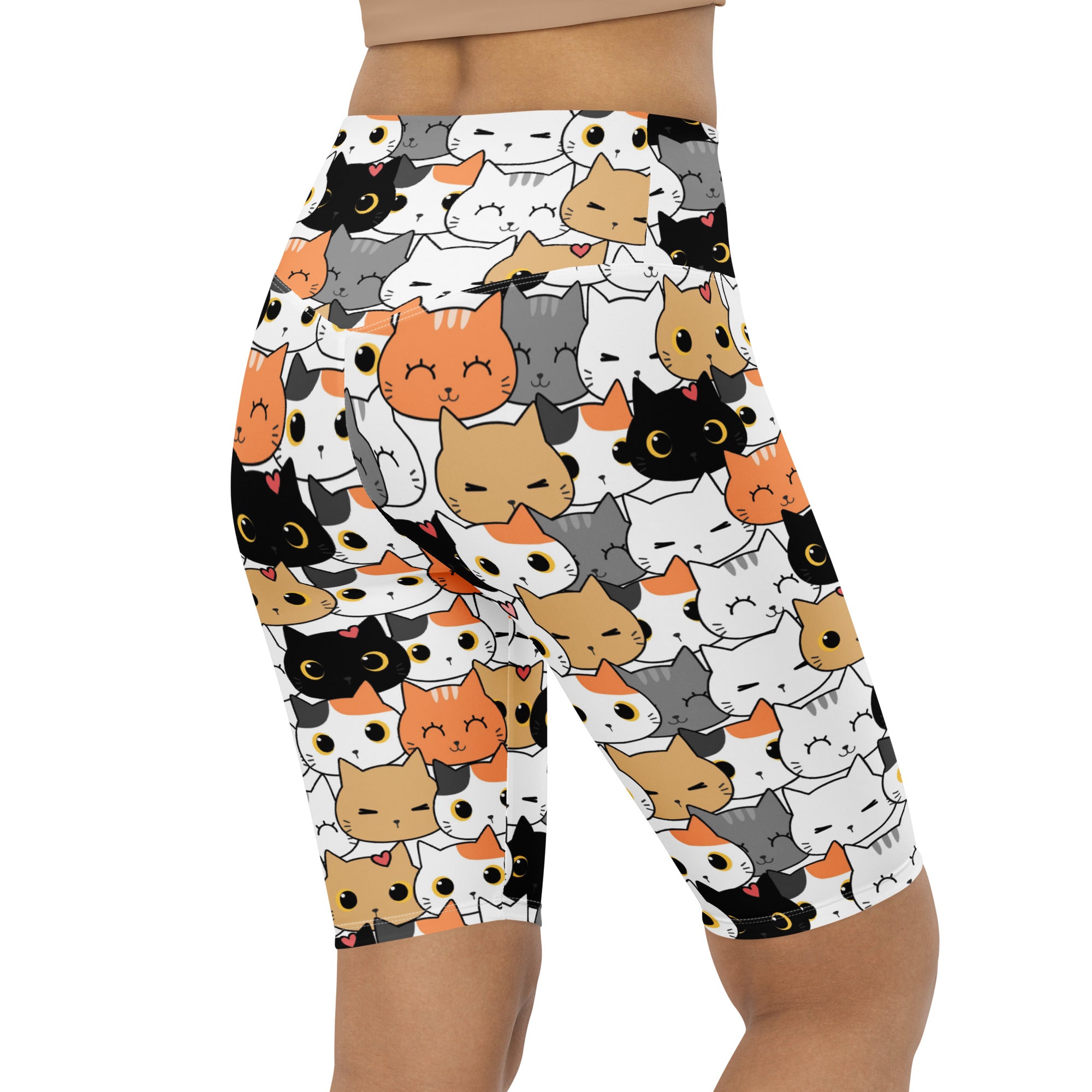 Women's Cat Face High Waisted Biker Shorts - Moisture Wicking Active Fit