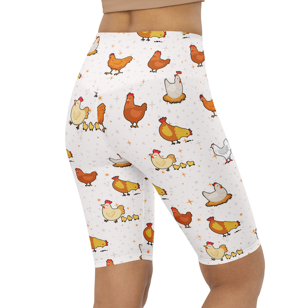 White high waisted bike shorts with moisture wicking fabric featuring colorful cartoon chicken pattern for active fit