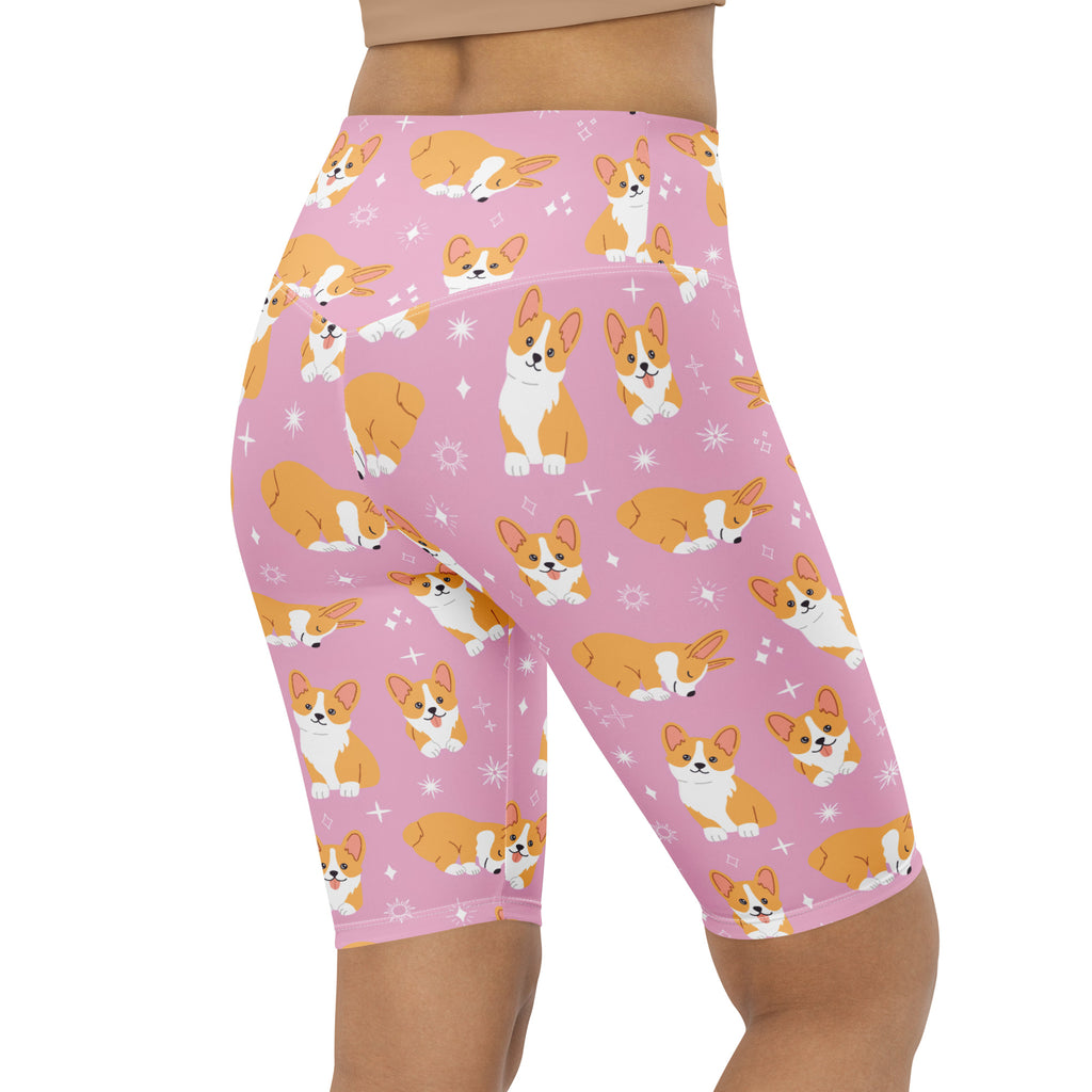 Women pink corgi dog high waisted moisture wicking biker shorts with playful cartoon pattern for active fit