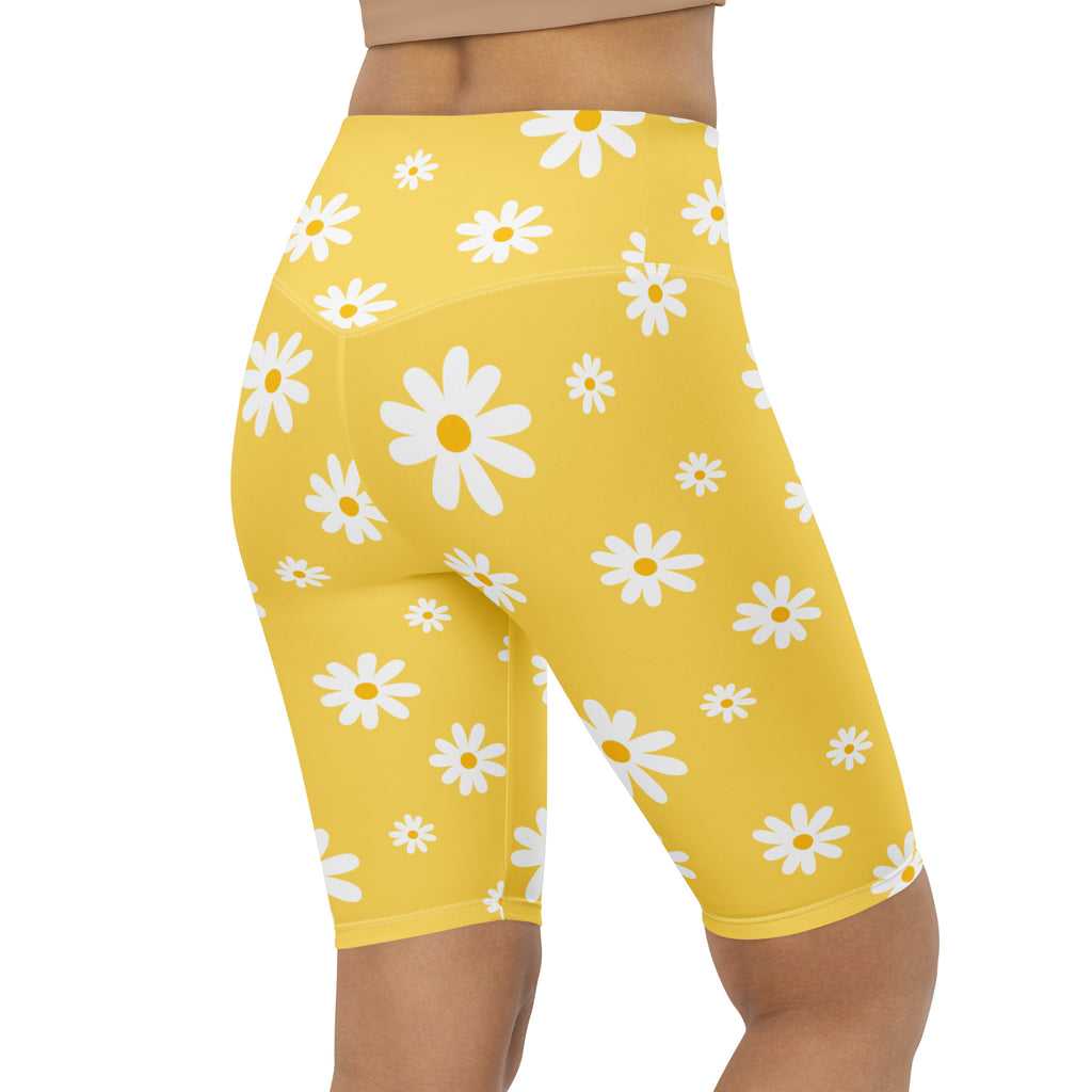 Women's Yellow Daisy High Waisted Biker Shorts - Moisture Wicking Active Fit