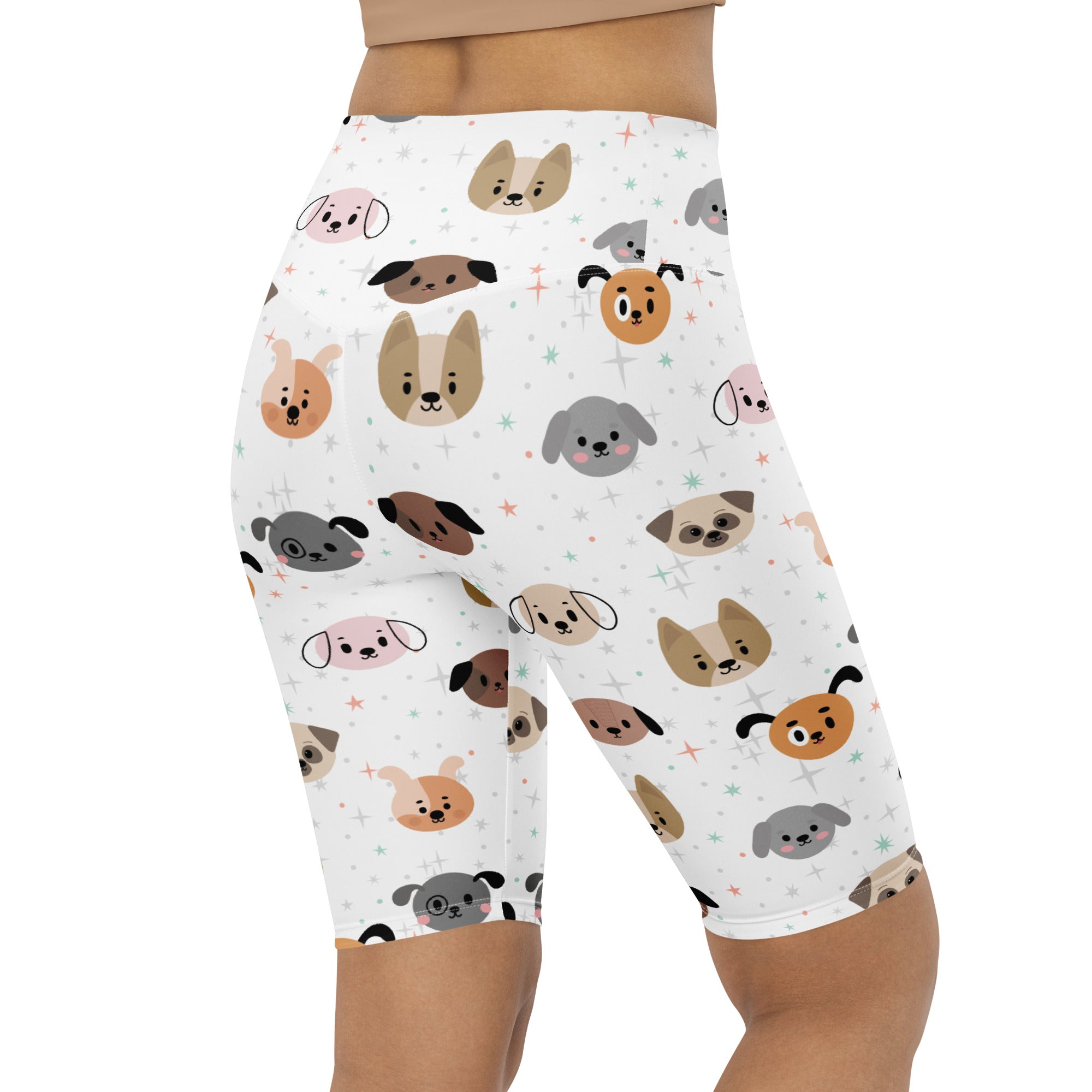 White high waisted biker shorts with colorful cartoon dog faces moisture wicking active fit for women