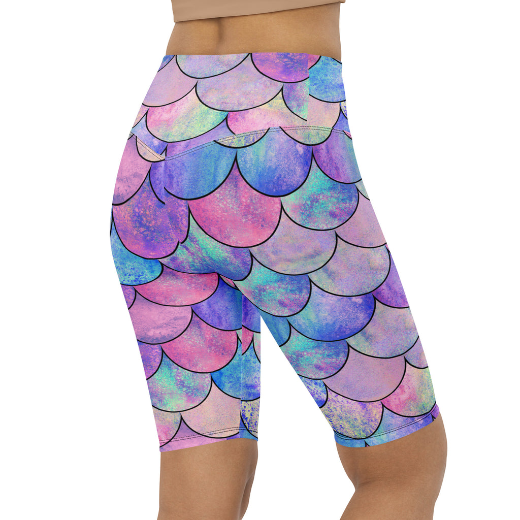 Women's Pastel Mermaid High Waisted Biker Shorts - Moisture Wicking Active Fit