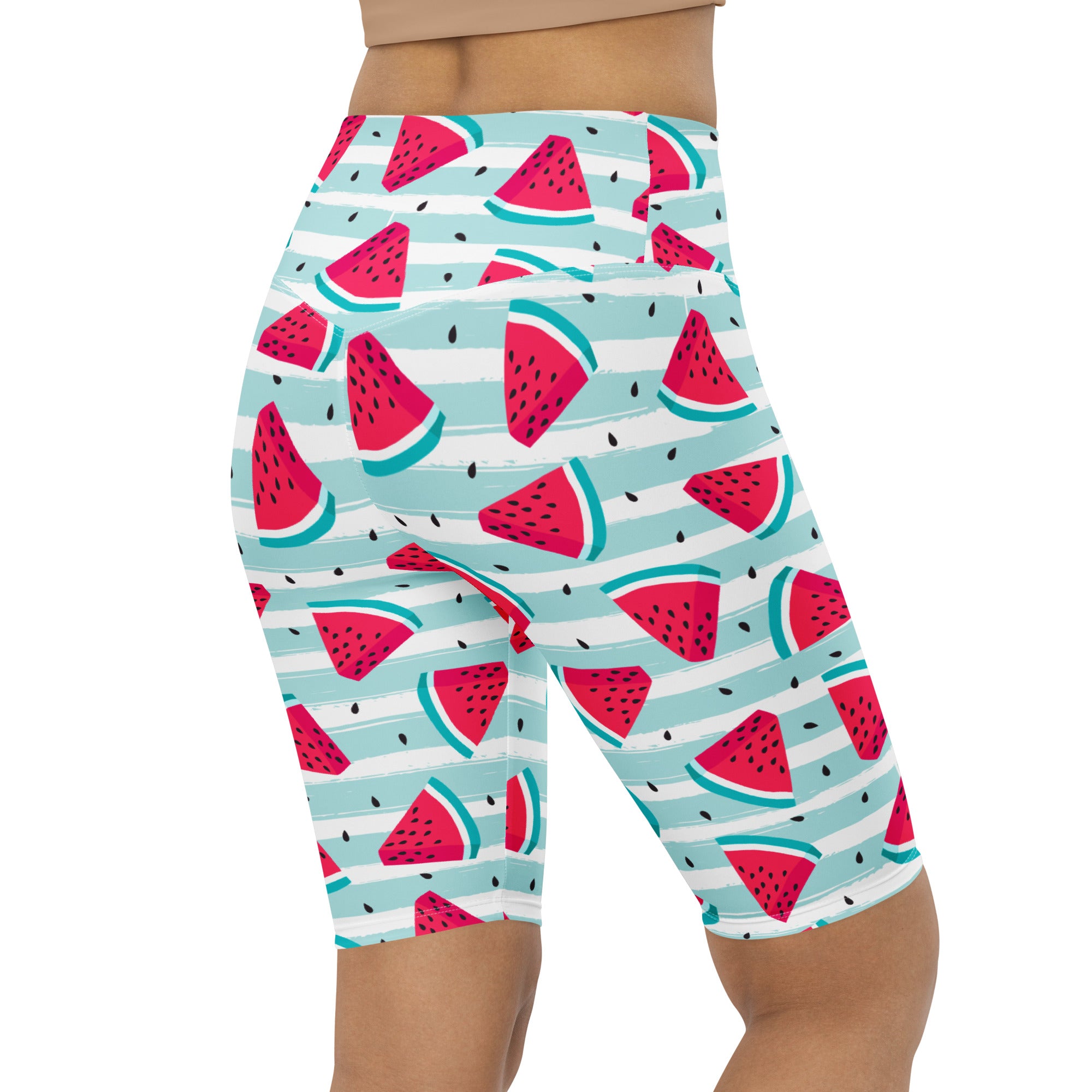 Women’s watermelon stripe high waisted biker shorts with vibrant red teal pattern on light blue striped background