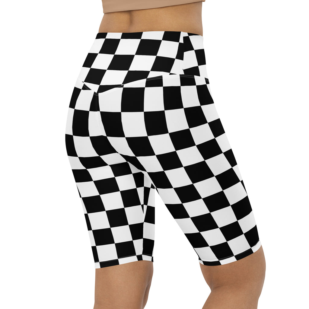 Women’s black and white checkered high waisted biker shorts with moisture wicking fabric for active fit