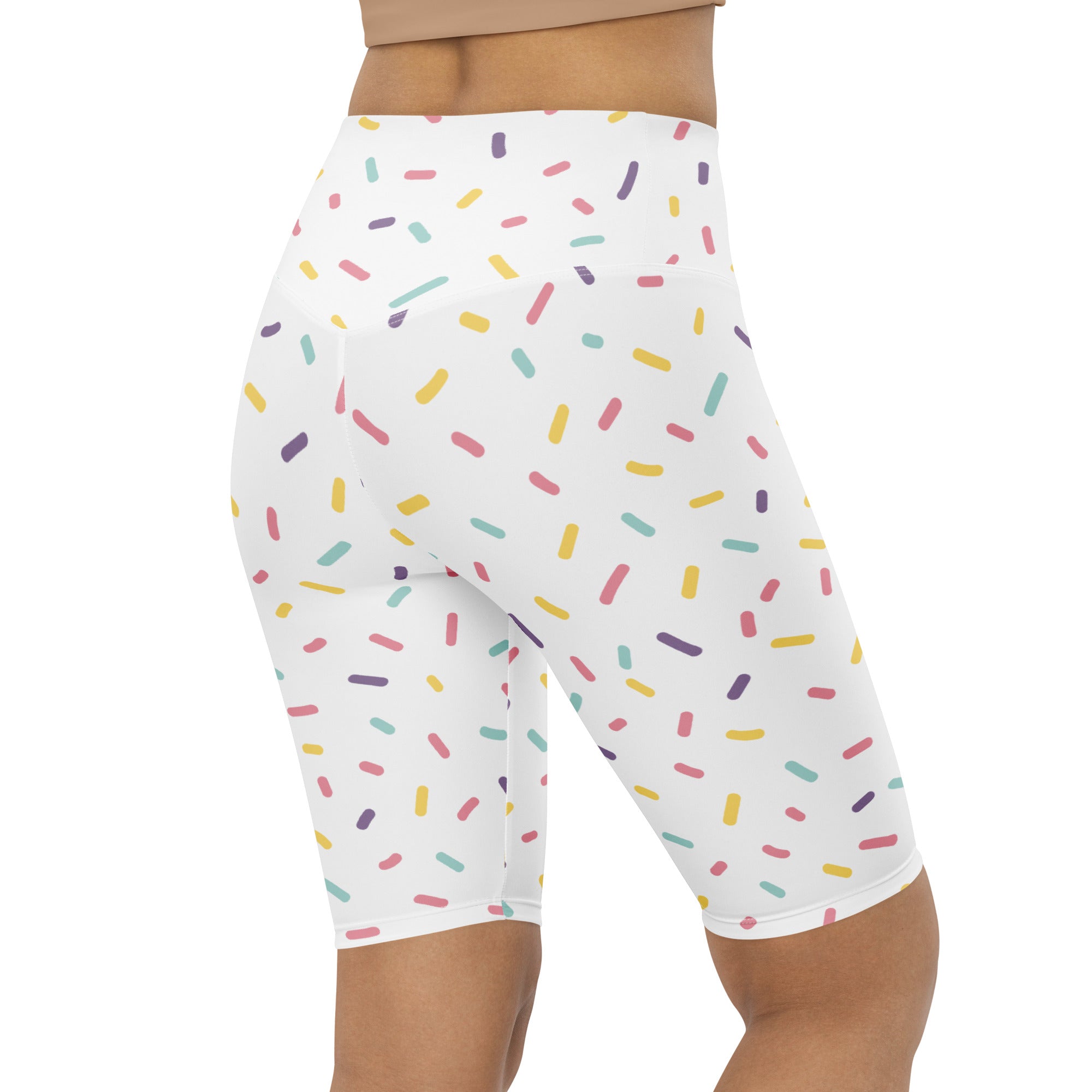 Women’s white high waisted moisture wicking bike shorts with colorful sprinkle print for active fit workouts