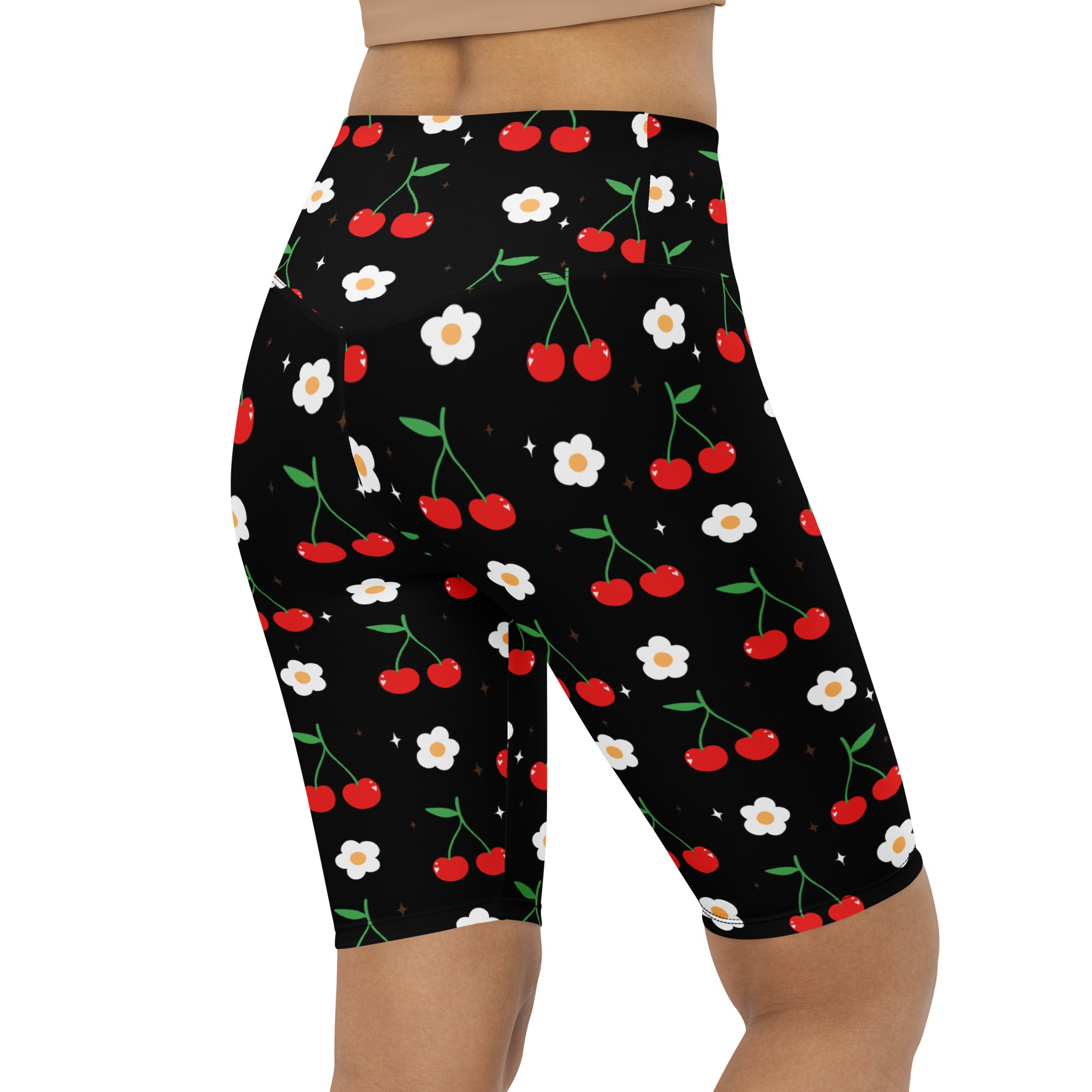 Women’s cherry blossom high waisted black bike shorts with red cherries and white daisies moisture wicking fit