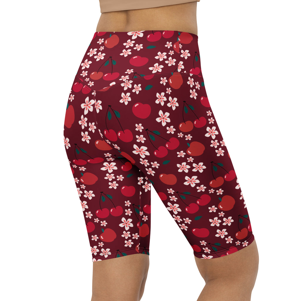 Women’s burgundy cherry daisy high waisted biker shorts with moisture wicking fabric and active fit design