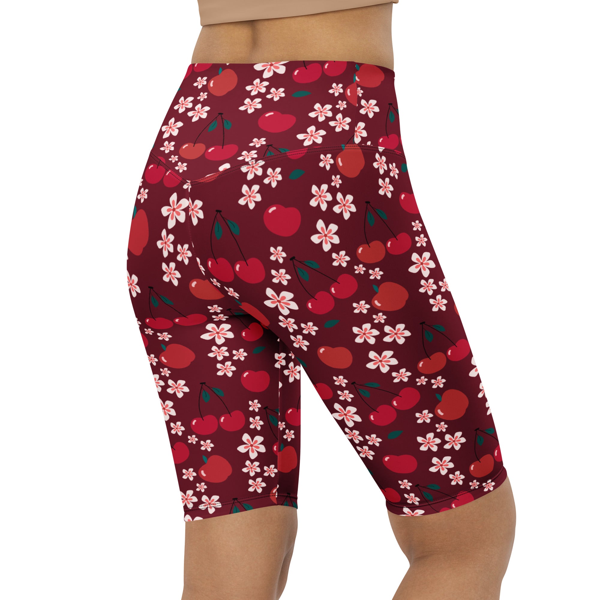 Women’s burgundy cherry daisy high waisted biker shorts with moisture wicking fabric and active fit design