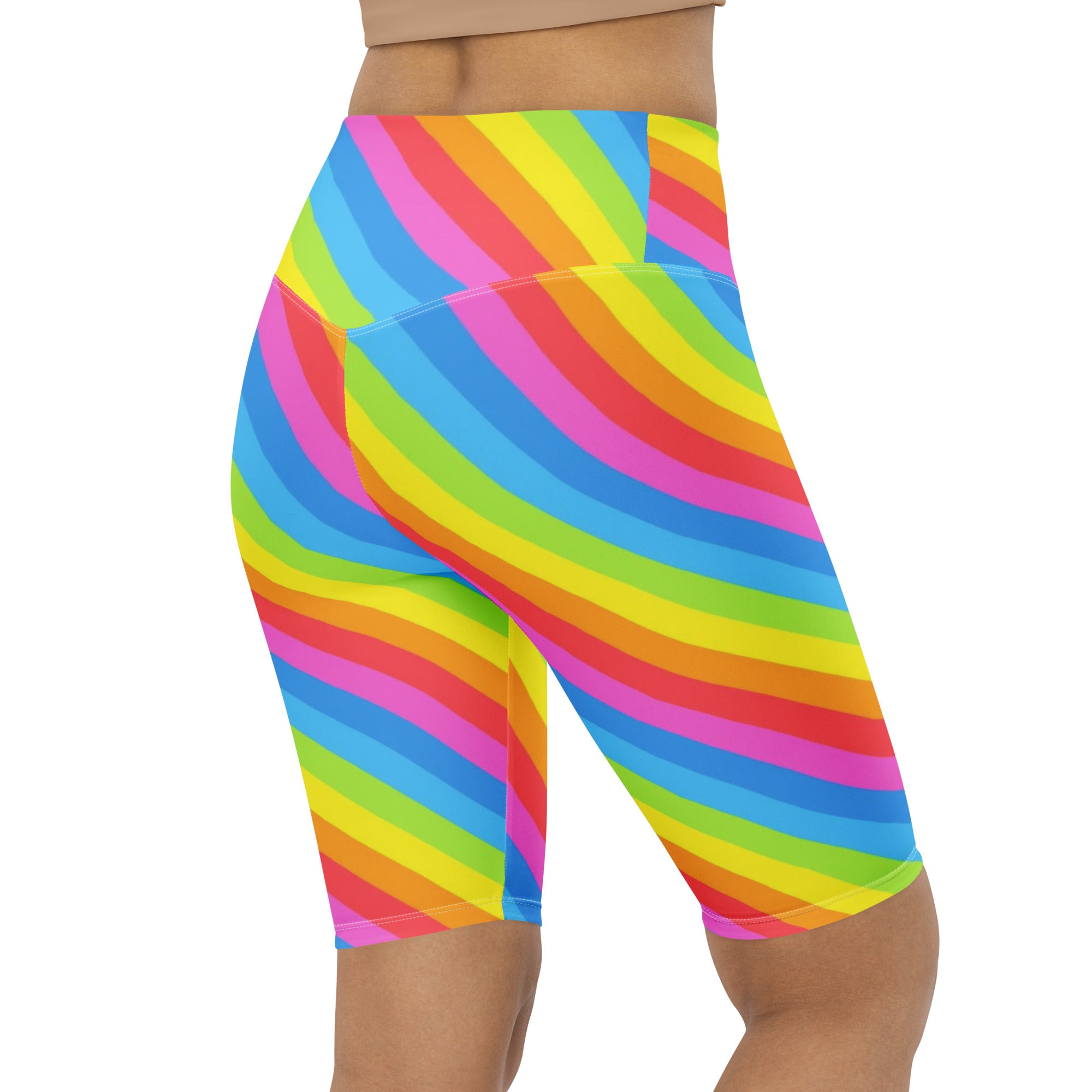 Women's Rainbow Stripe High Waisted Biker Shorts - Moisture Wicking Active Fit