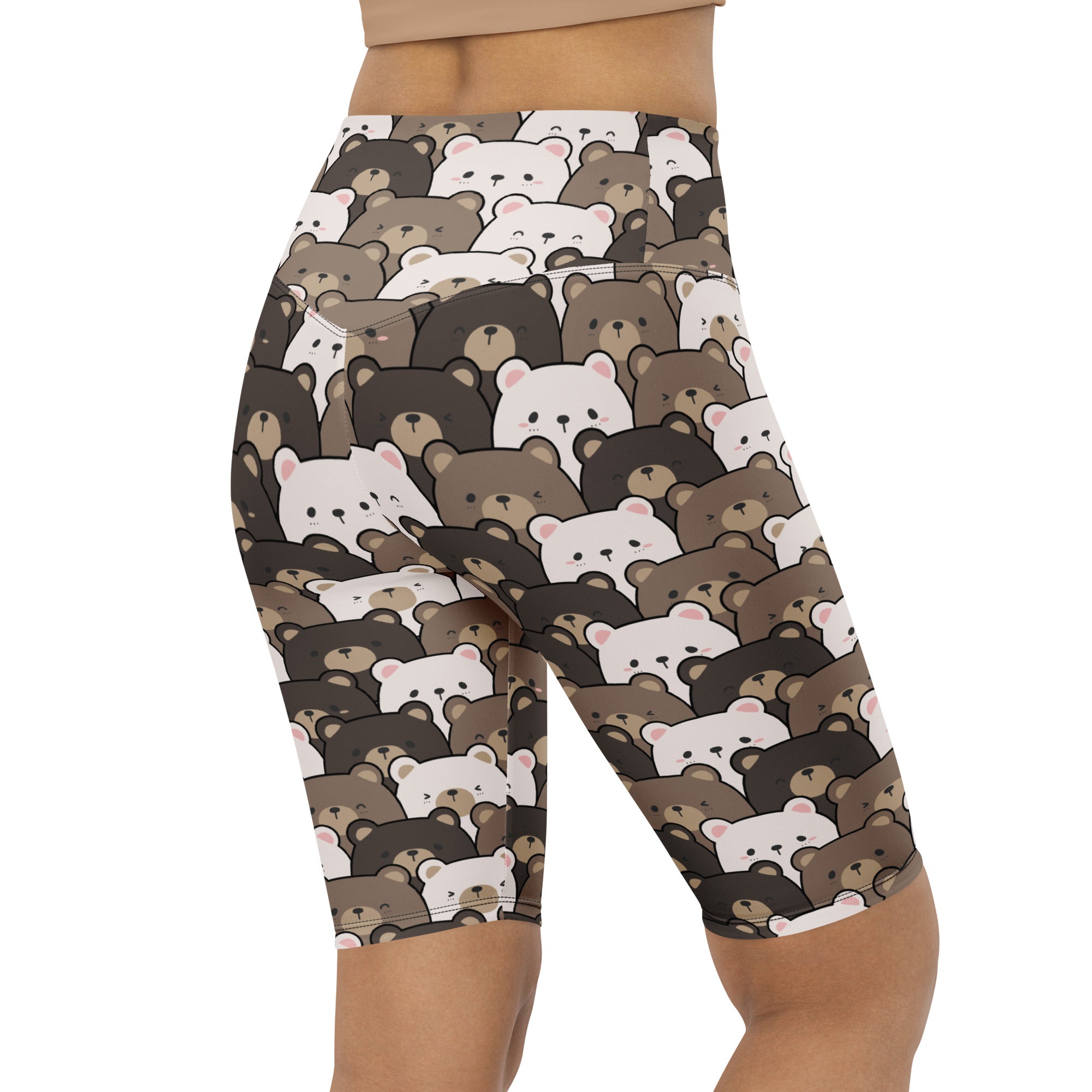 Women’s bear face high waisted biker shorts with moisture wicking fabric and playful brown and white cartoon bear pattern