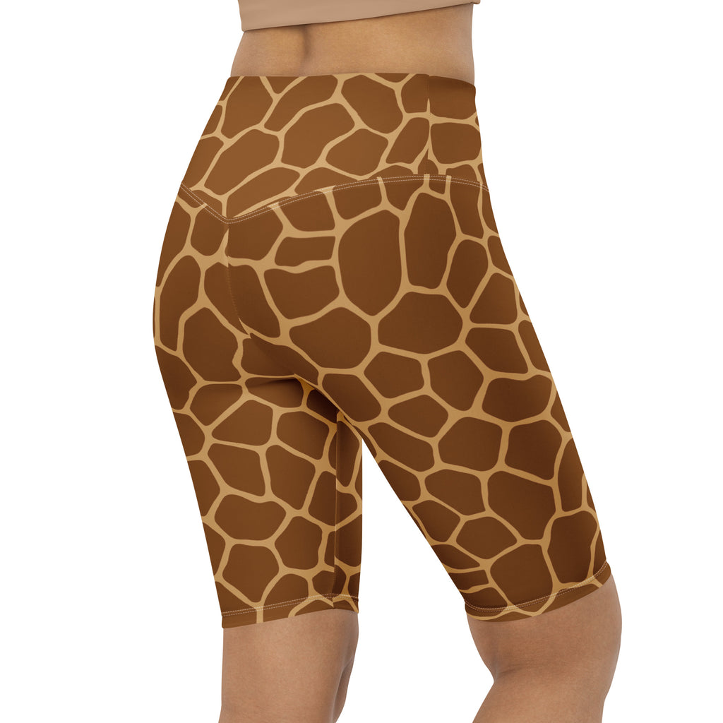 Women’s giraffe print high waisted biker shorts in brown and tan moisture wicking active fit fabric