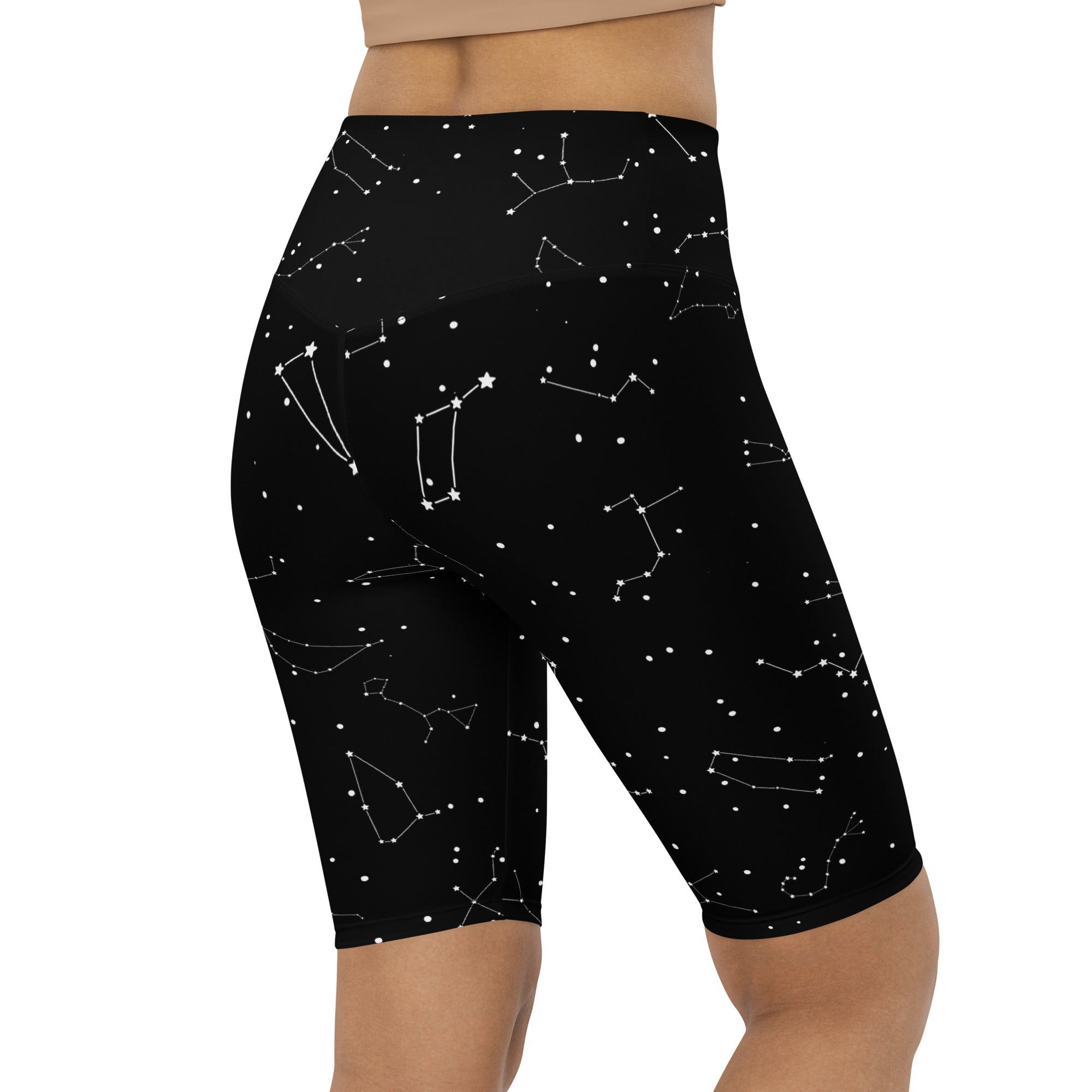 Black high waisted bike shorts with white realistic constellation pattern moisture wicking active fit for women