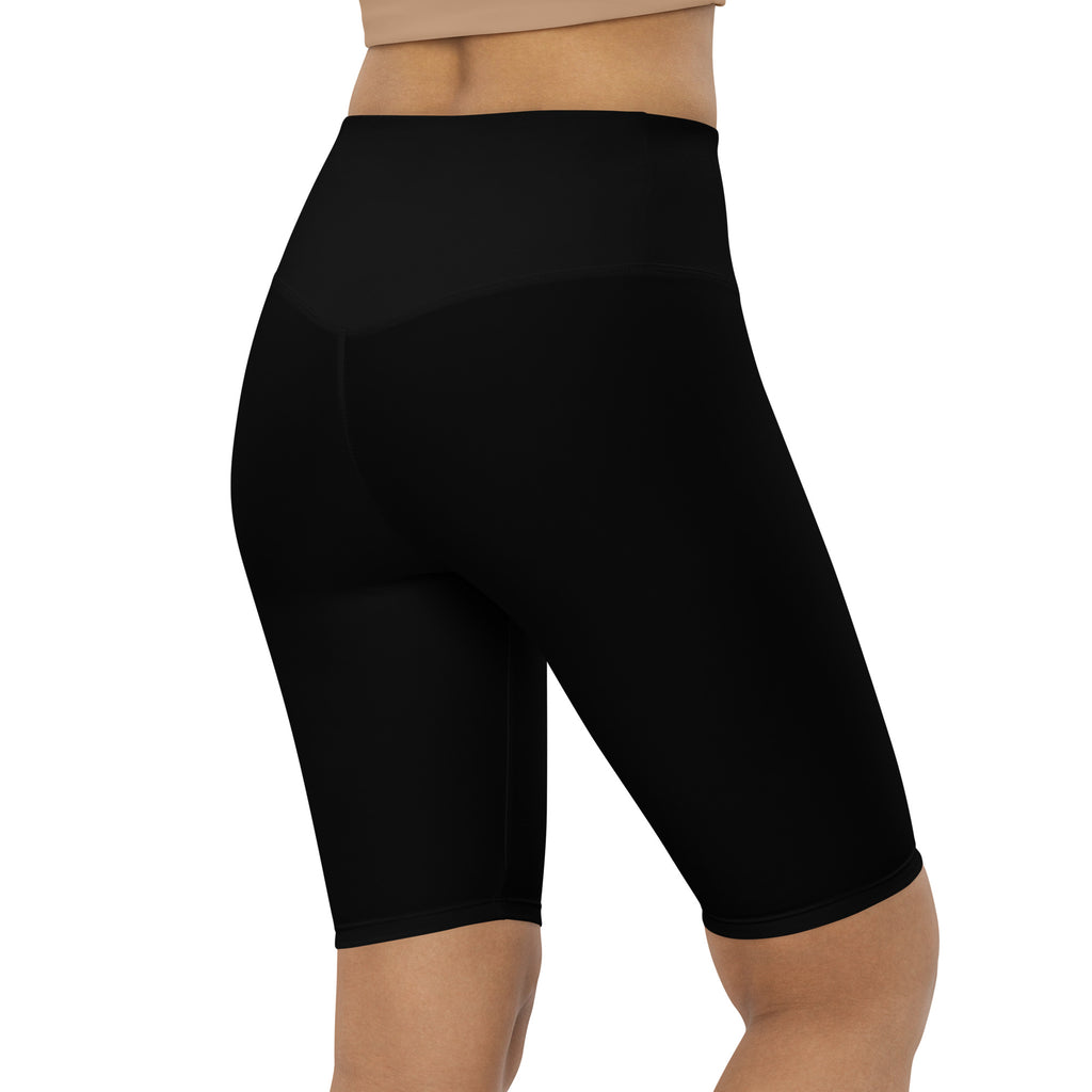 Women’s black high waisted biker shorts with smooth stretchy moisture wicking fabric for active fit use