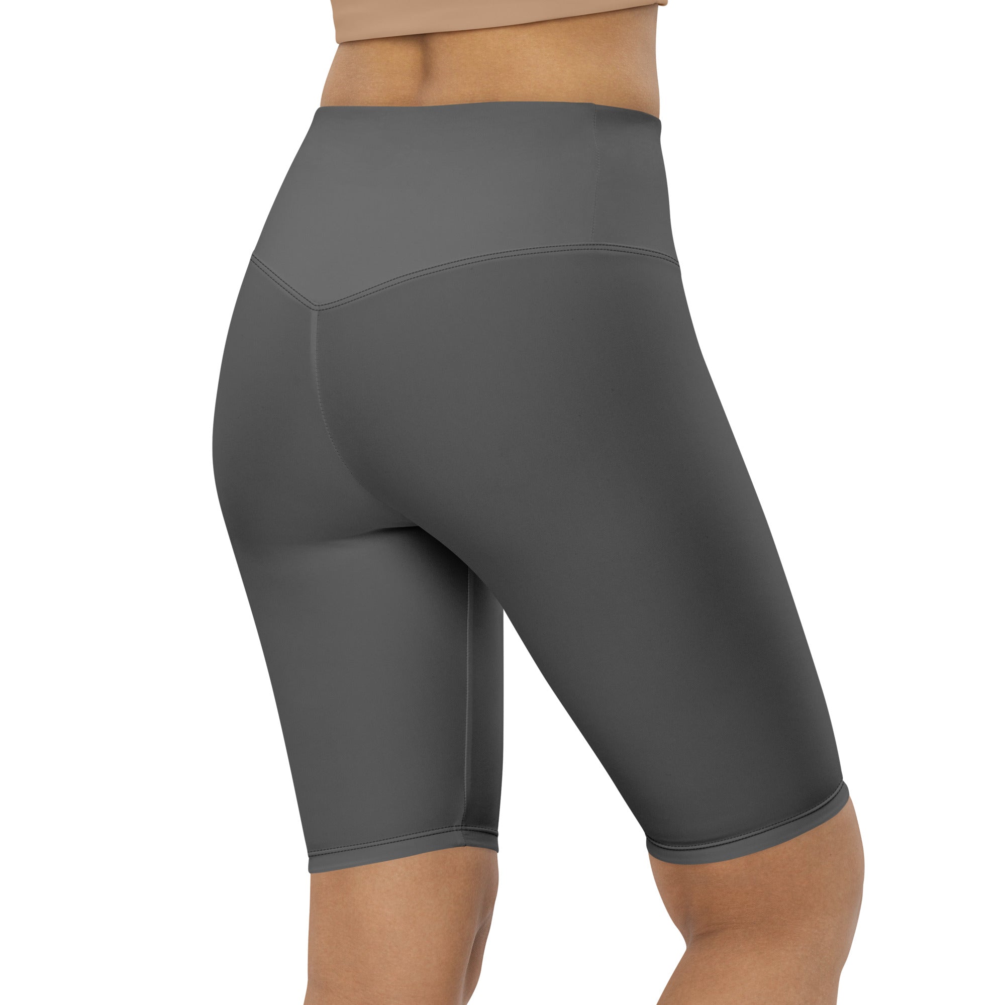 Women’s gray high waisted biker shorts with smooth stretchy fabric seamless construction for active moisture wicking fit