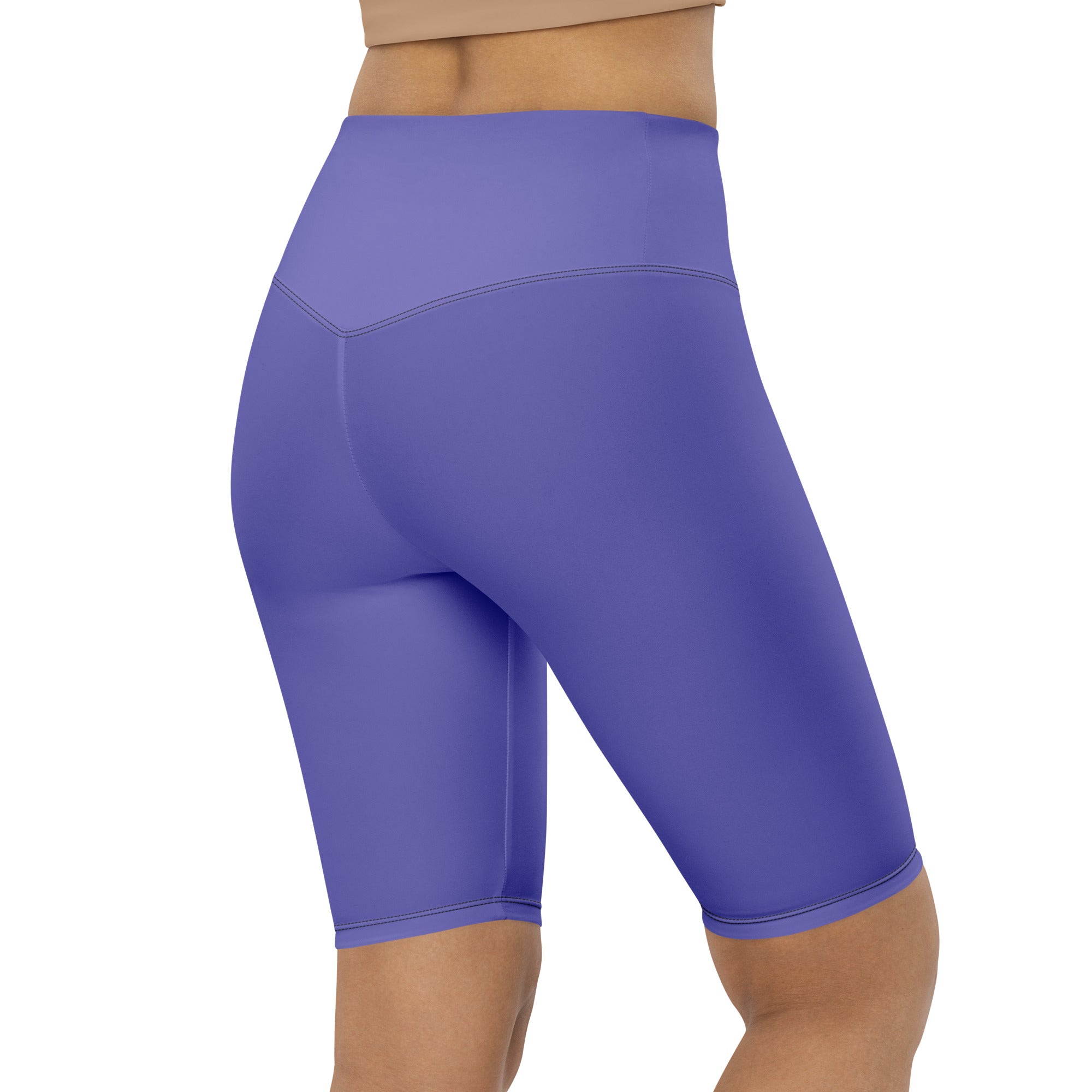 Women’s purple high waisted biker shorts with smooth stretchy fabric and moisture wicking active fit front view