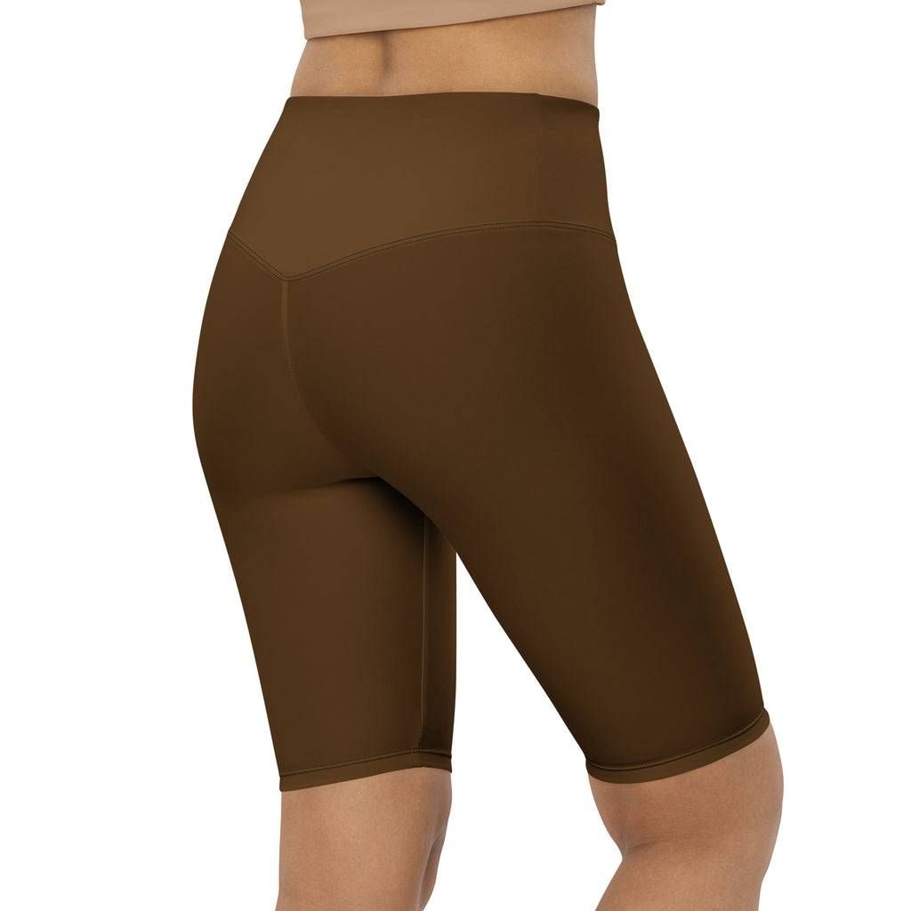 Women’s brown high waisted biker shorts made of stretchy moisture wicking fabric for active fit