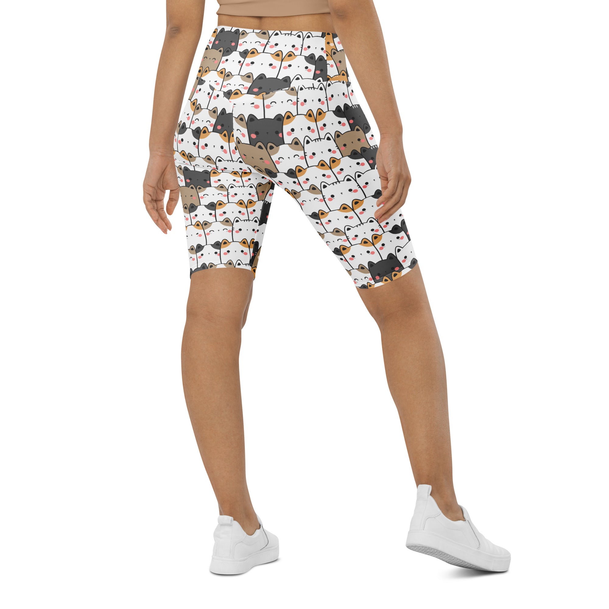 White high waisted bike shorts with colorful cartoon cat pattern moisture wicking active fit for women