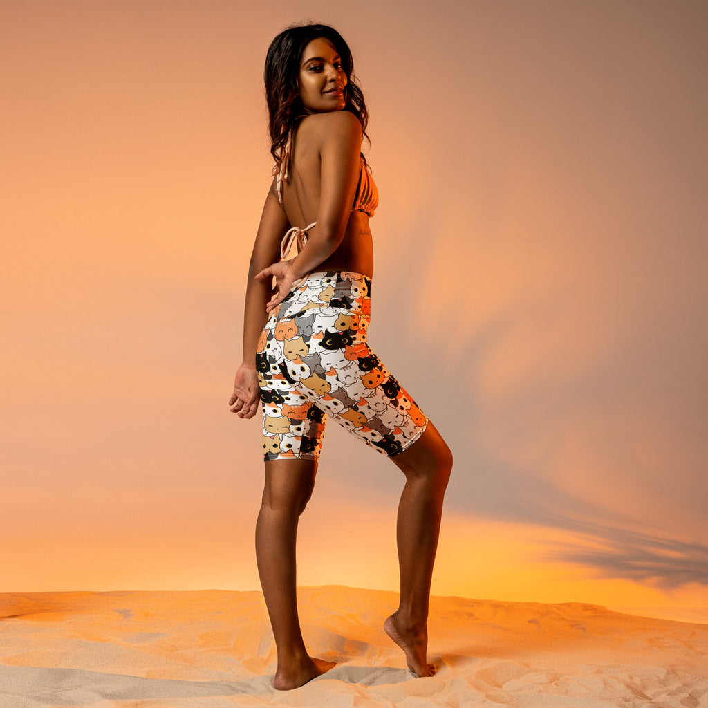 Women's Cat Face High Waisted Biker Shorts - Moisture Wicking Active Fit