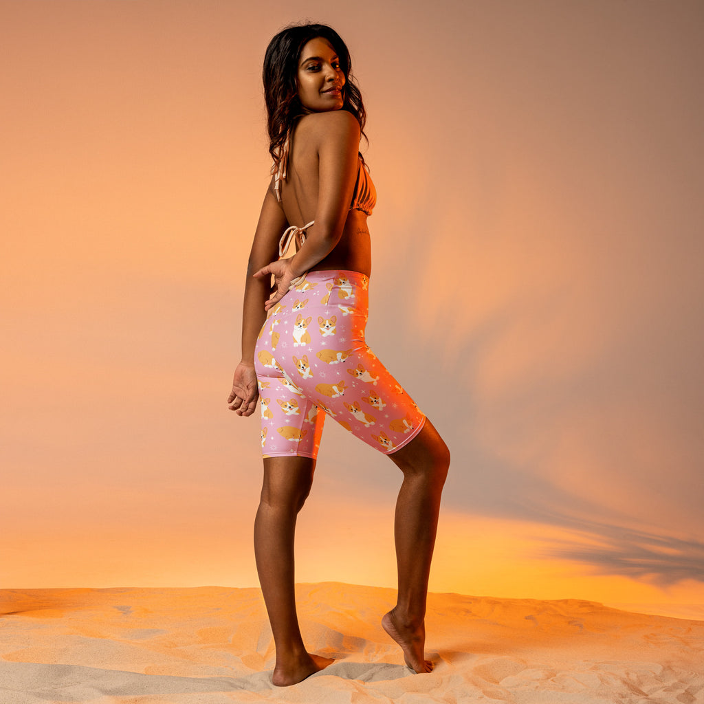 Women’s pink and orange corgi patterned high waisted moisture wicking biker shorts for active fit
