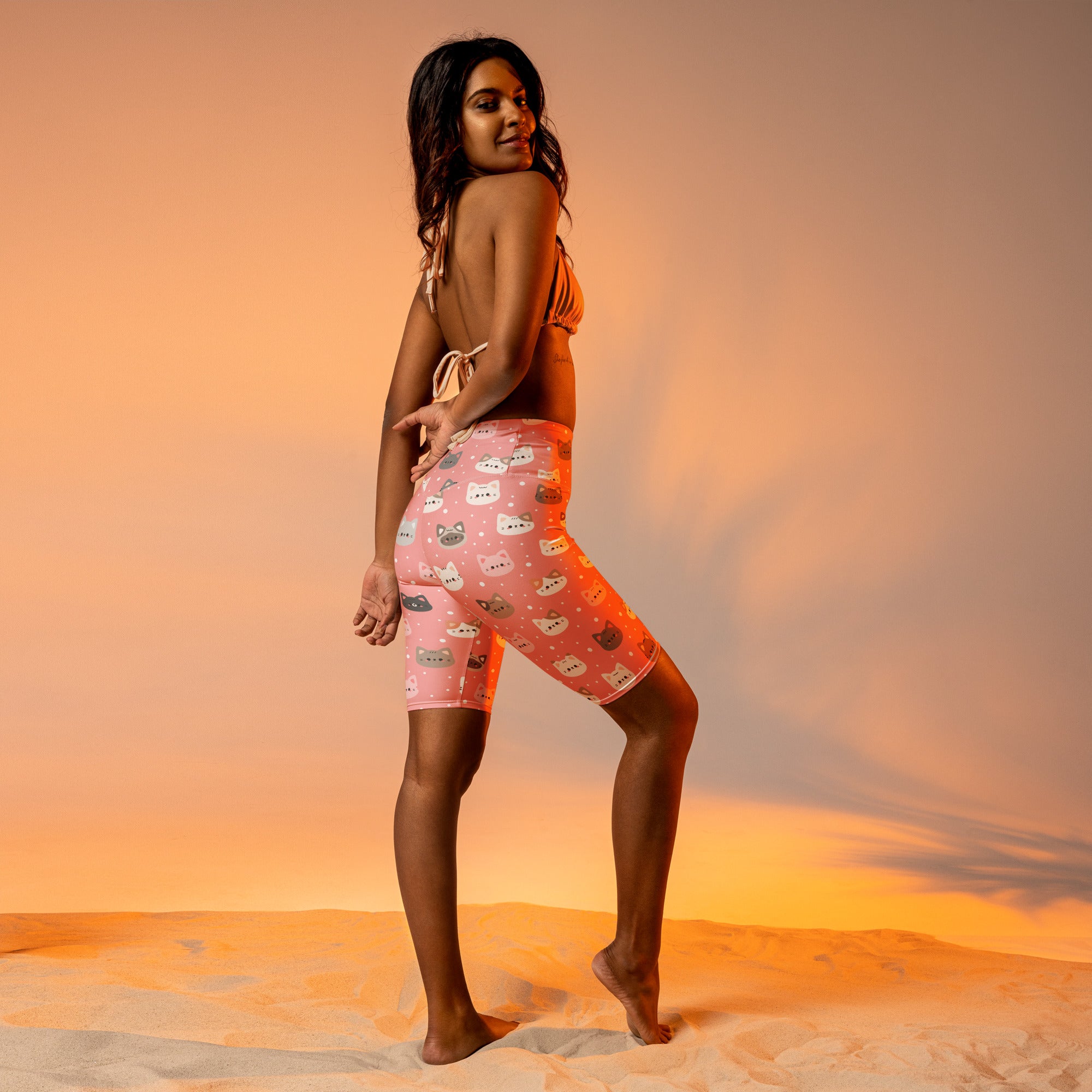 Women’s cute pink cat faces high waisted biker shorts with playful cartoon cats and moisture wicking active fit