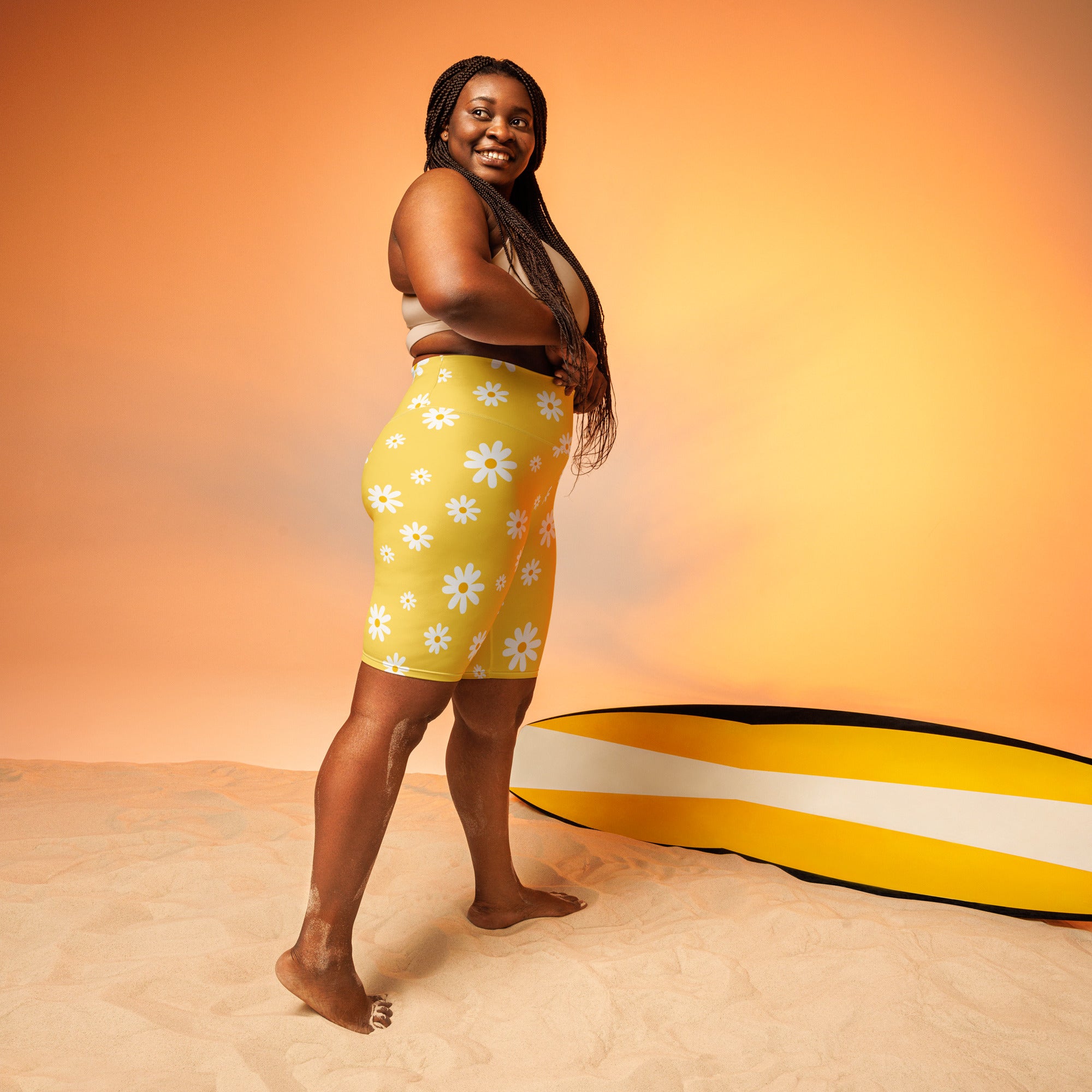 Women's Yellow Daisy High Waisted Biker Shorts - Moisture Wicking Active Fit