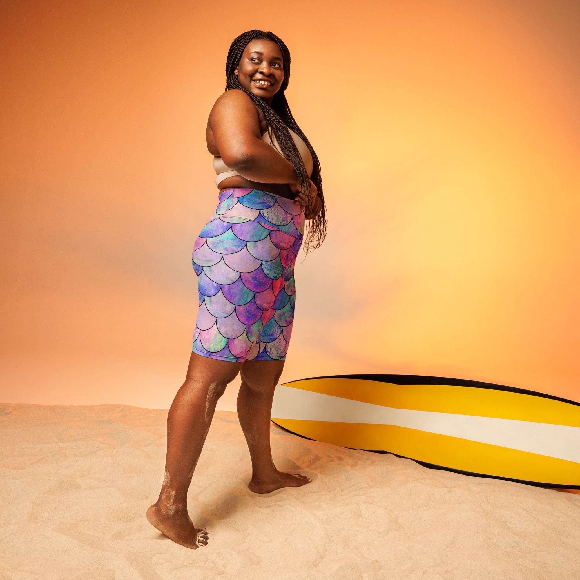 Women's Pastel Mermaid High Waisted Biker Shorts - Moisture Wicking Active Fit