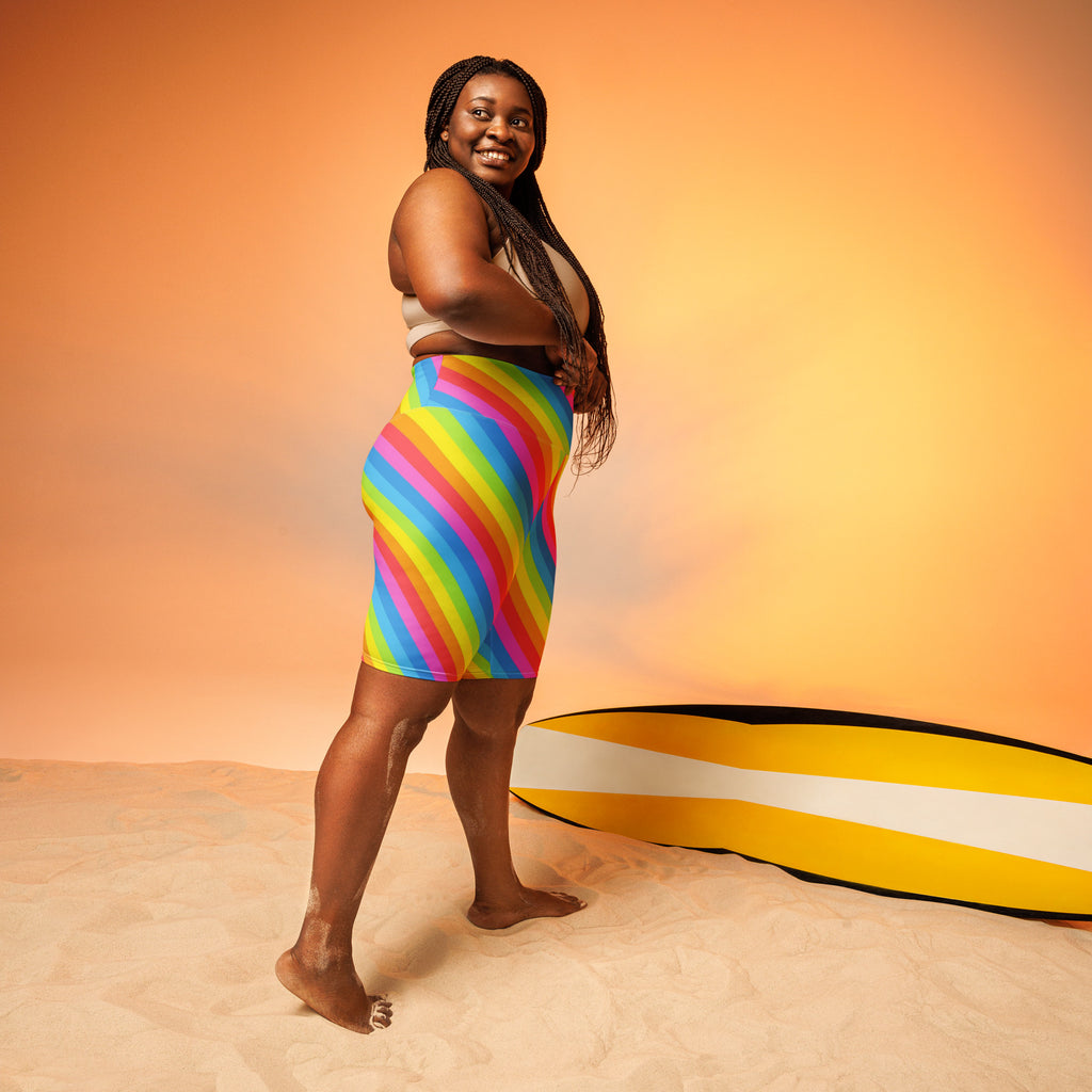 Women's Rainbow Stripe High Waisted Biker Shorts - Moisture Wicking Active Fit