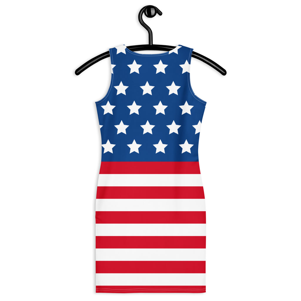 A sleeveless form-fitting women’s bodycon dress in american flag pattern with buttery soft fabric and UPF 50 plus sun protection