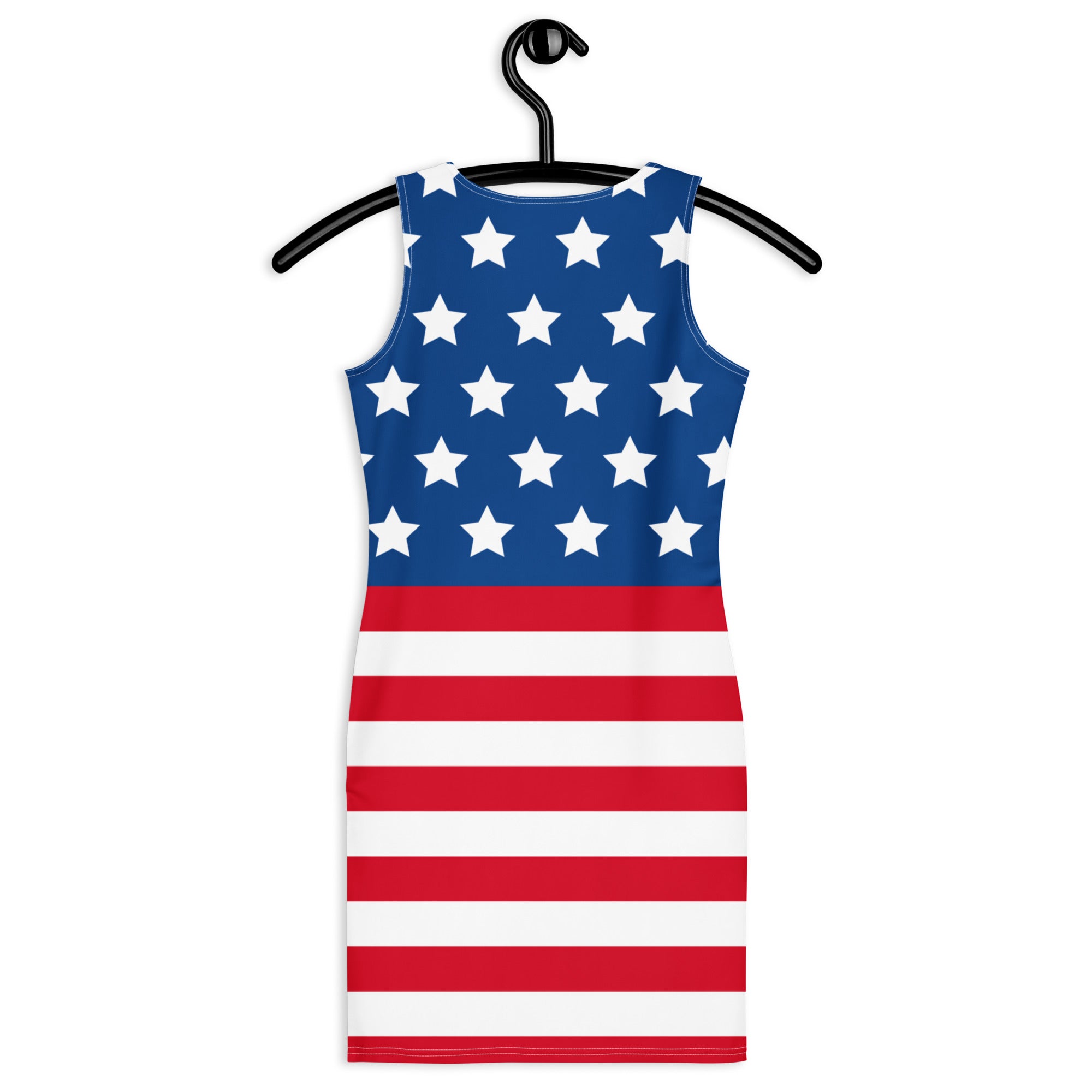 A sleeveless form-fitting women’s bodycon dress in american flag pattern with buttery soft fabric and UPF 50 plus sun protection
