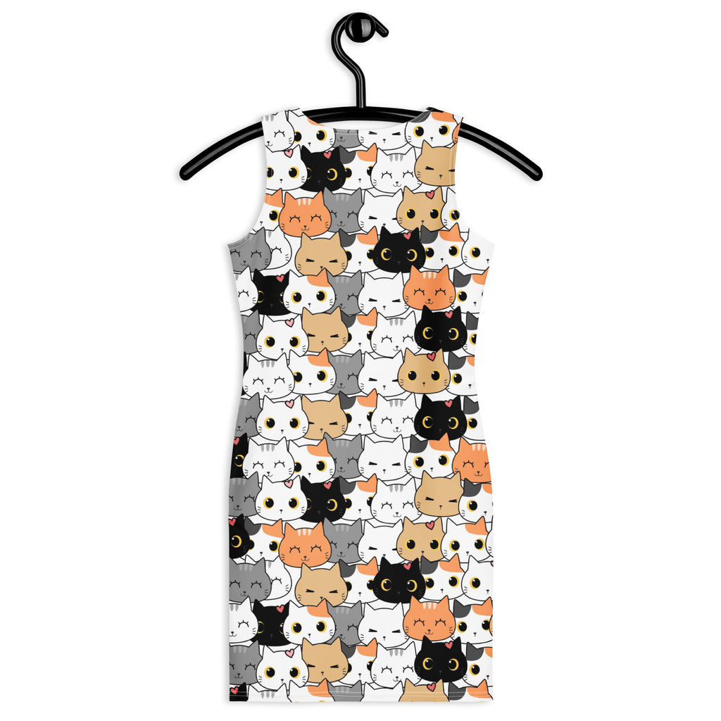 Women’s sleeveless white bodycon dress with playful cartoon cat pattern in black gray orange and beige buttery soft fit with upf 50 plus