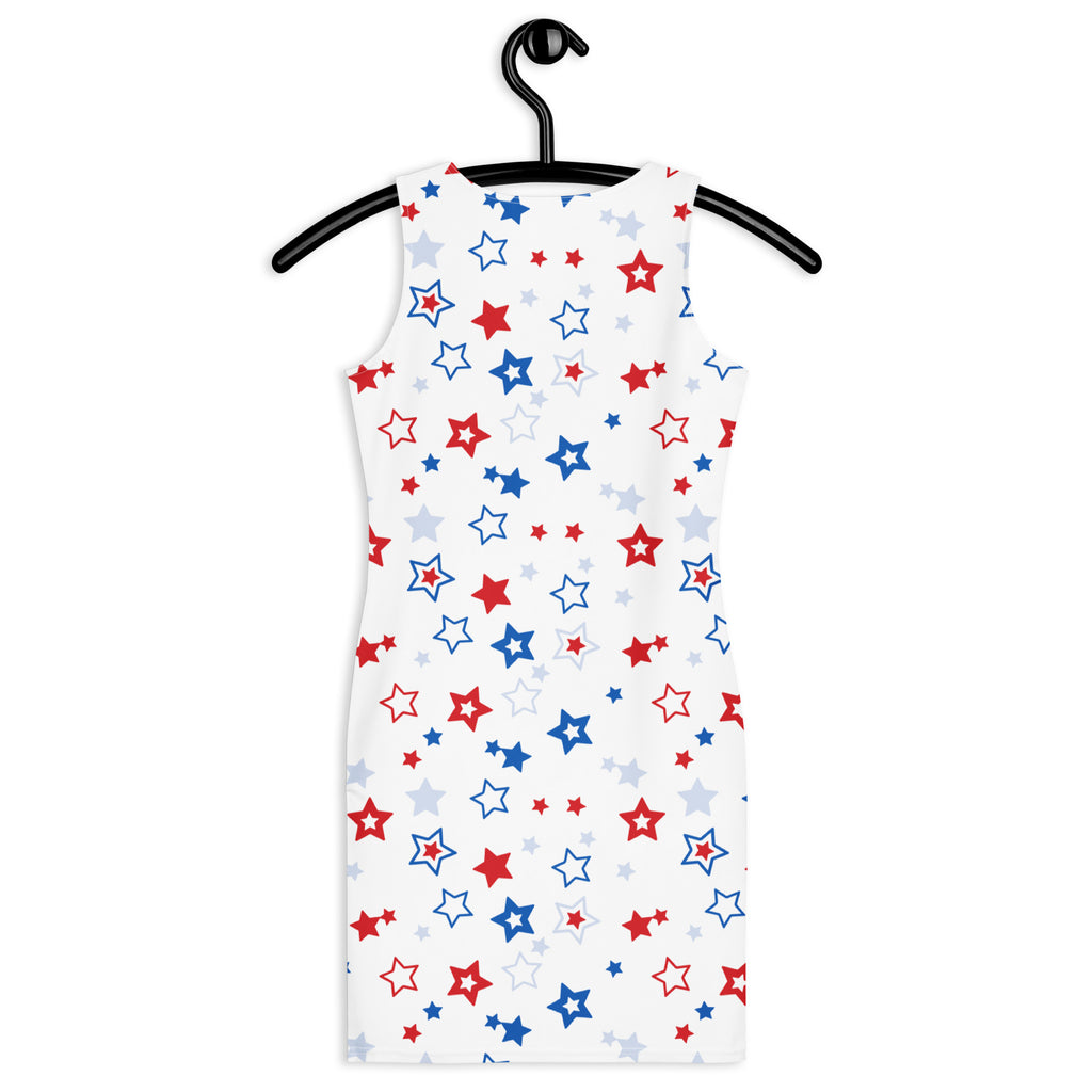 Women’s red white and blue star bodycon dress with buttery soft fit and upf 50 plus sun protection in white sleeveless design