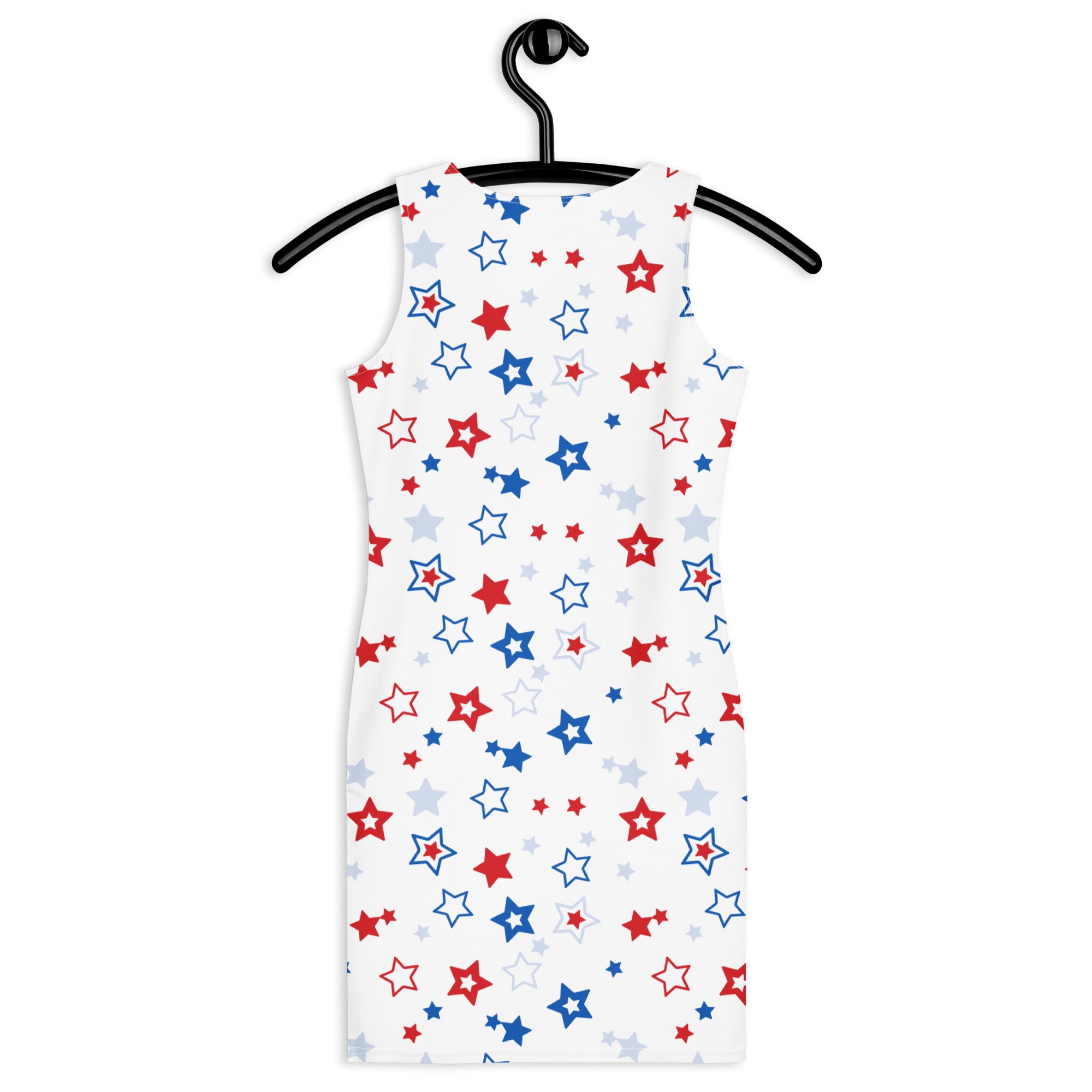 Women’s red white and blue star bodycon dress with buttery soft fit and upf 50 plus sun protection in white sleeveless design