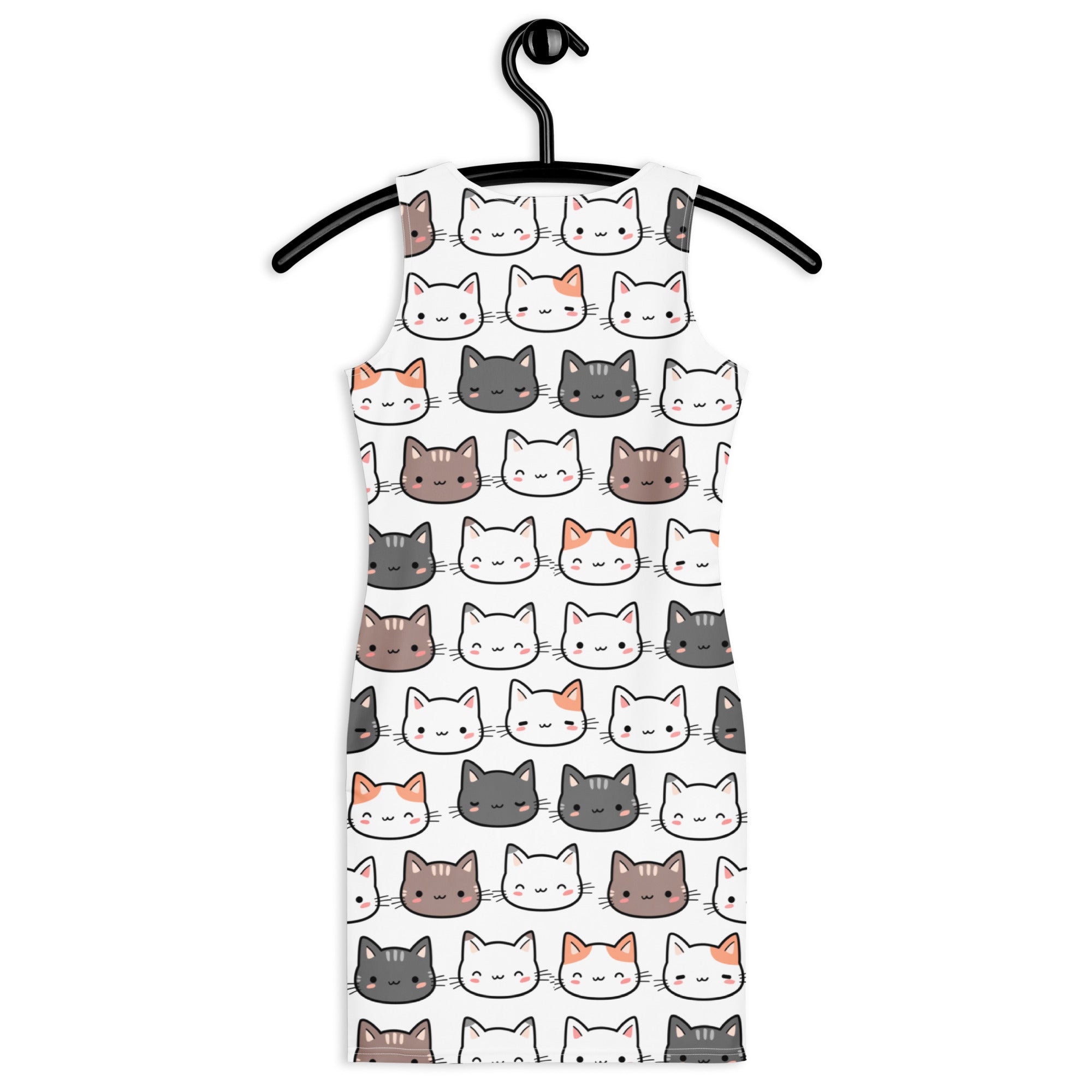 Women’s white sleeveless cat bodycon dress with cute multicolor cat faces buttery soft fit and upf 50 plus protection