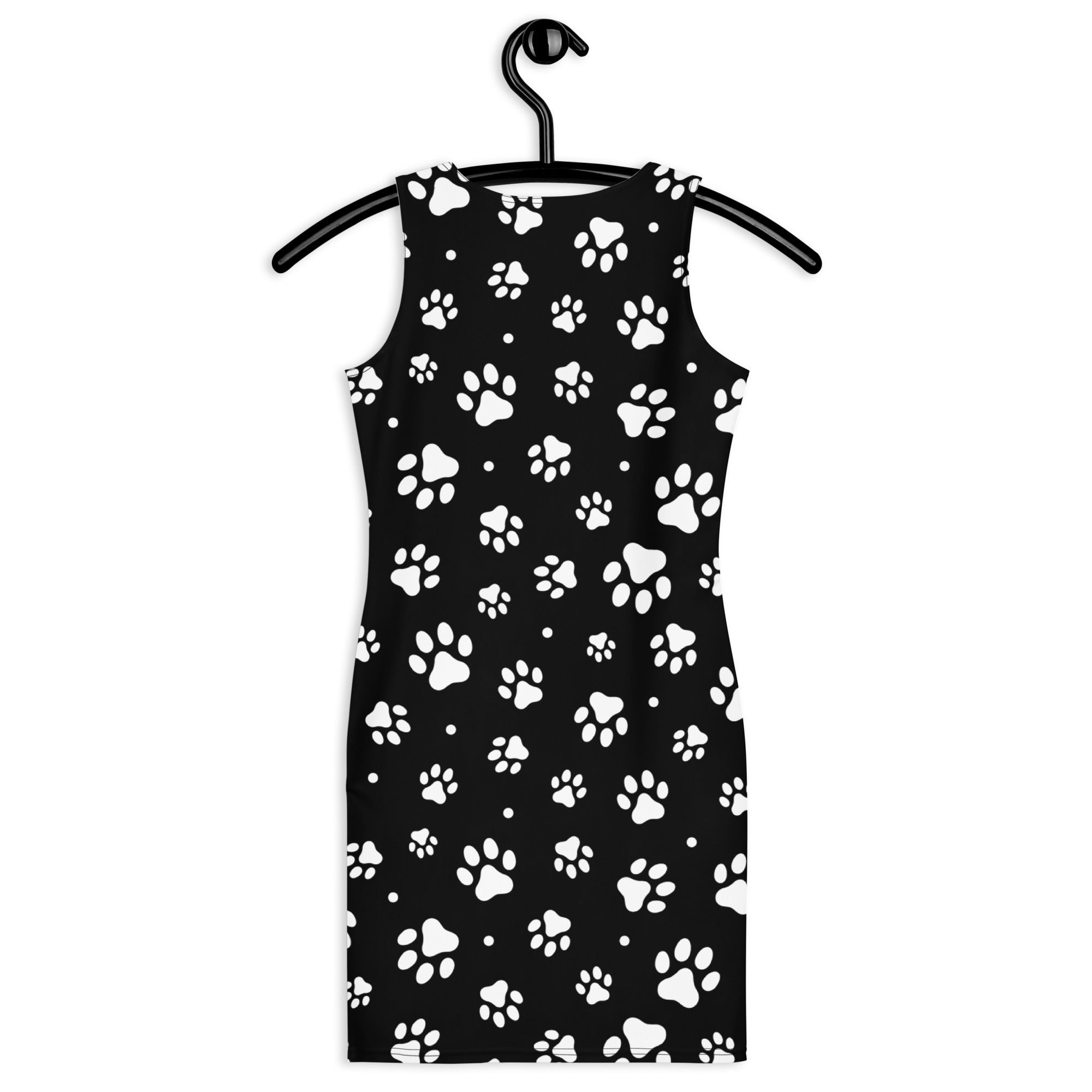 Women’s black sleeveless bodycon dress with white paw print pattern buttery soft fit and upf 50 sun protection