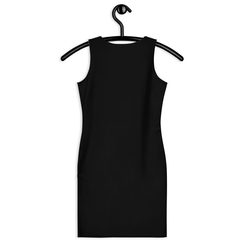 Women’s black sleeveless bodycon dress hanging on hanger with buttery soft fit and upf 50 plus sun protection