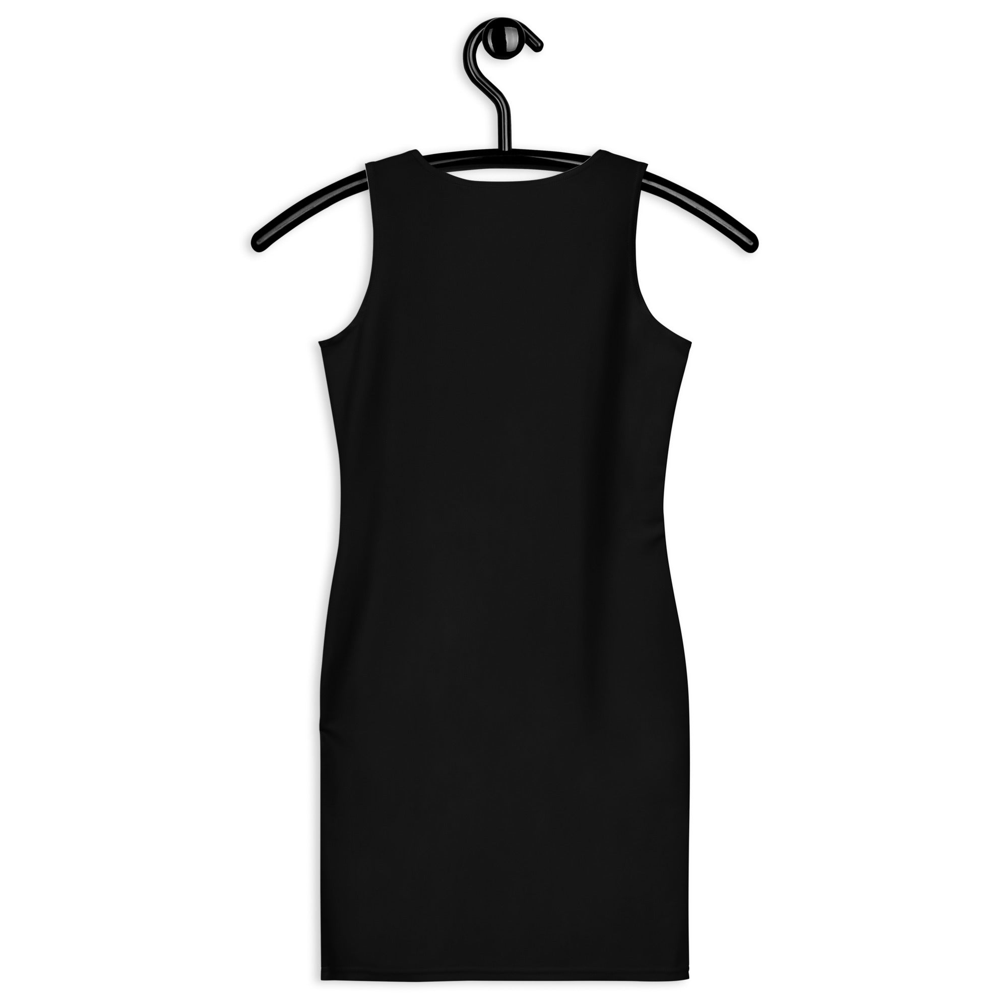 Women’s black sleeveless bodycon dress hanging on hanger with buttery soft fit and upf 50 plus sun protection