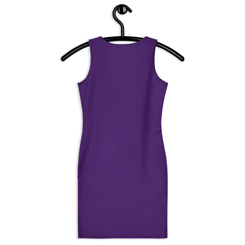 A sleek deep purple sleeveless bodycon dress hanging on a black hanger with buttery soft fit and UPF 50+ protection