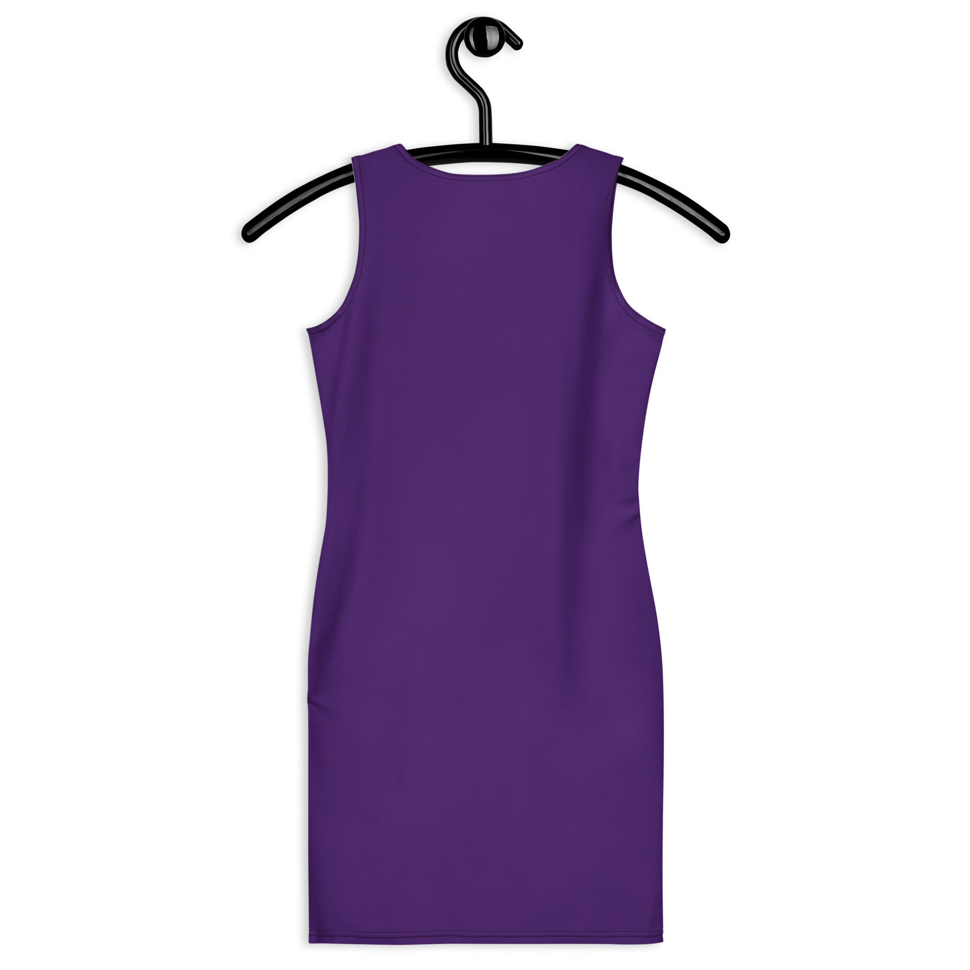 A sleek deep purple sleeveless bodycon dress hanging on a black hanger with buttery soft fit and UPF 50+ protection
