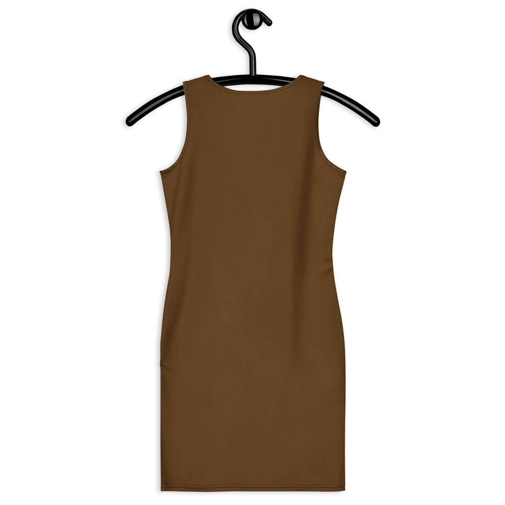 A sleek brown sleeveless bodycon dress with a buttery soft fit and UPF 50 plus sun protection hangs on a black hanger