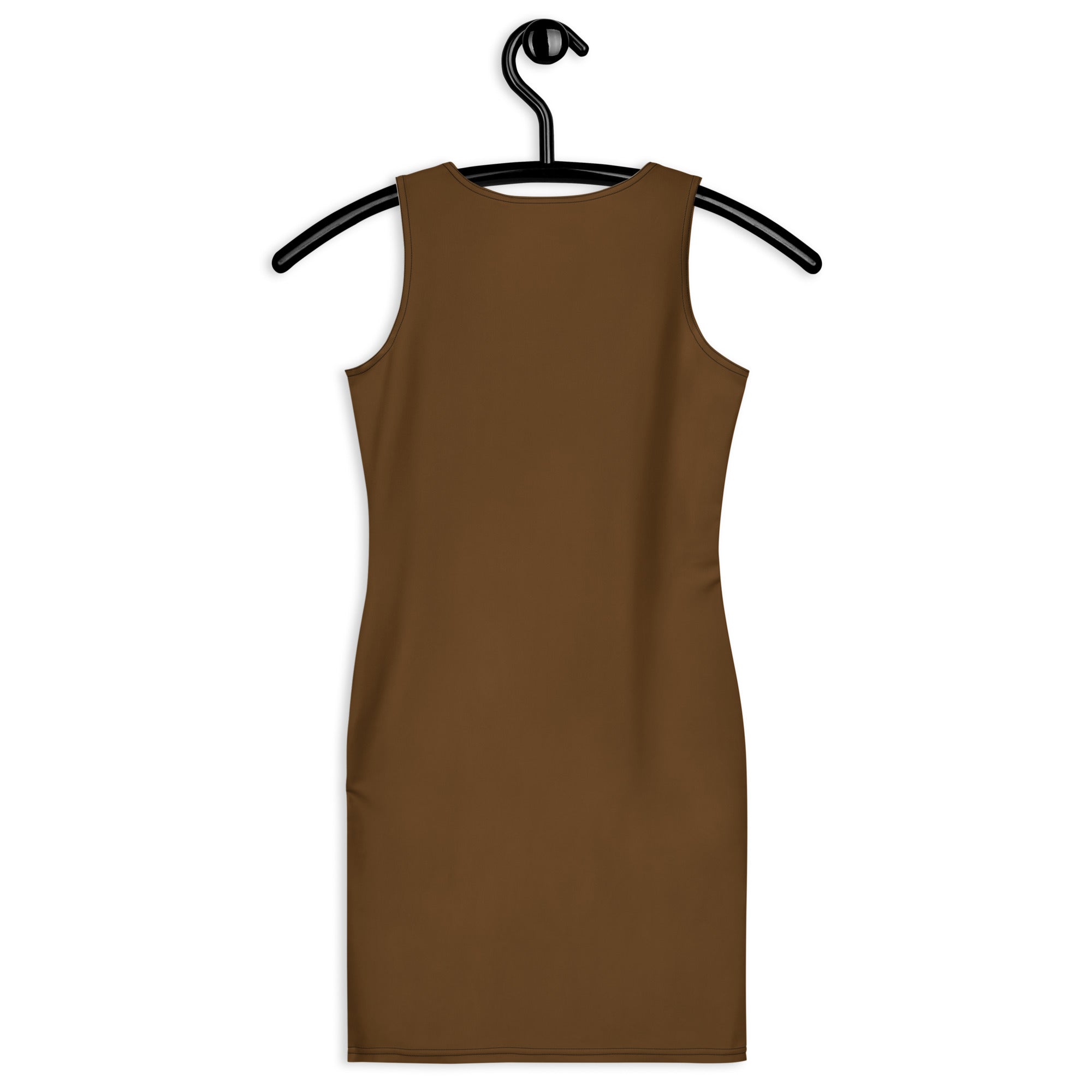 A sleek brown sleeveless bodycon dress with a buttery soft fit and UPF 50 plus sun protection hangs on a black hanger