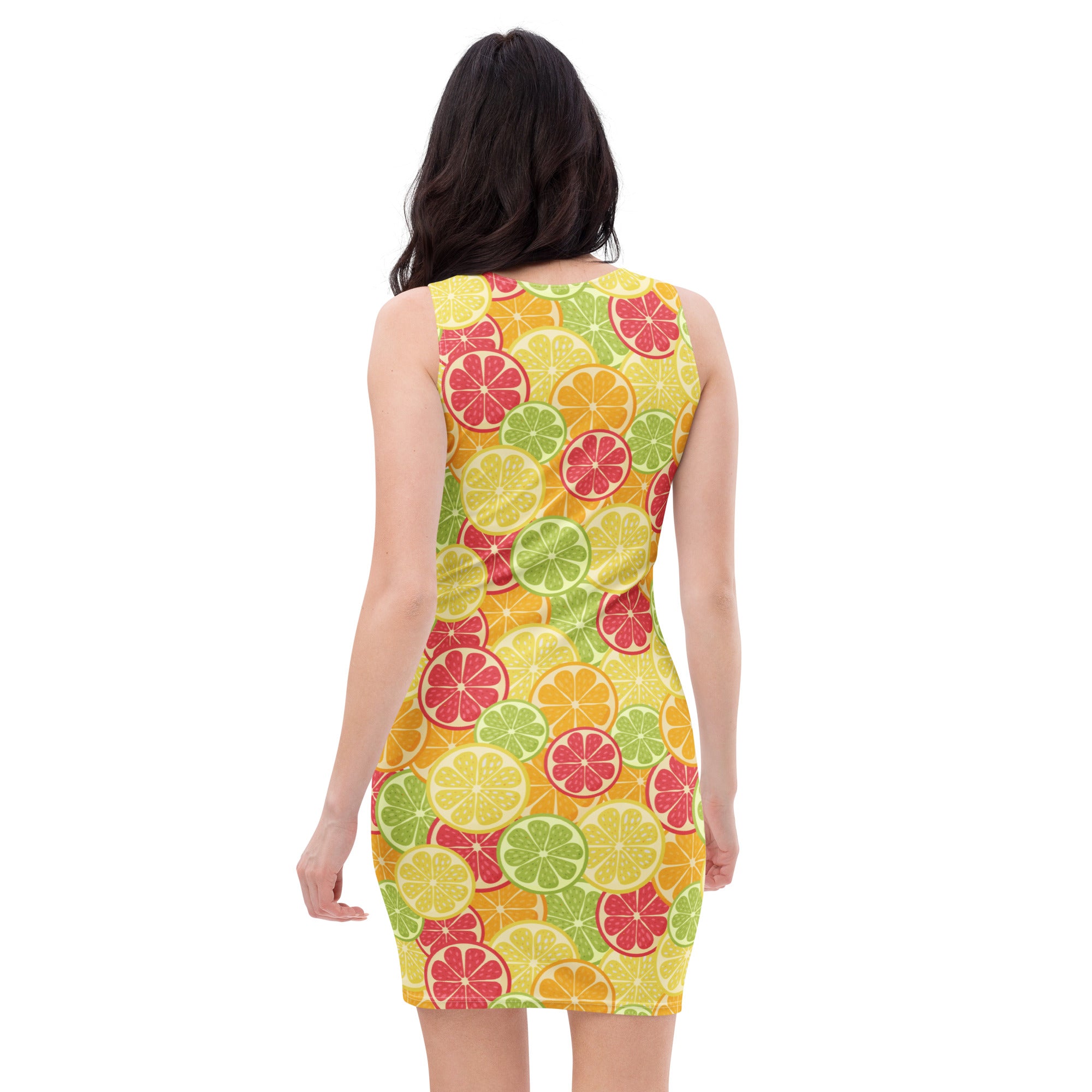 Women’s citrus fruit bodycon dress in vibrant yellow with a lively citrus pattern and buttery soft fit with UPF 50 sun protection