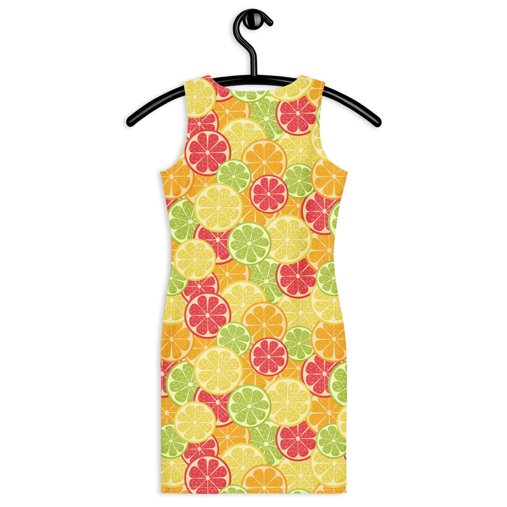 Women’s citrus fruit bodycon dress with sleeveless design, vibrant orange, citrus pattern, buttery soft fit, UPF 50+ protection