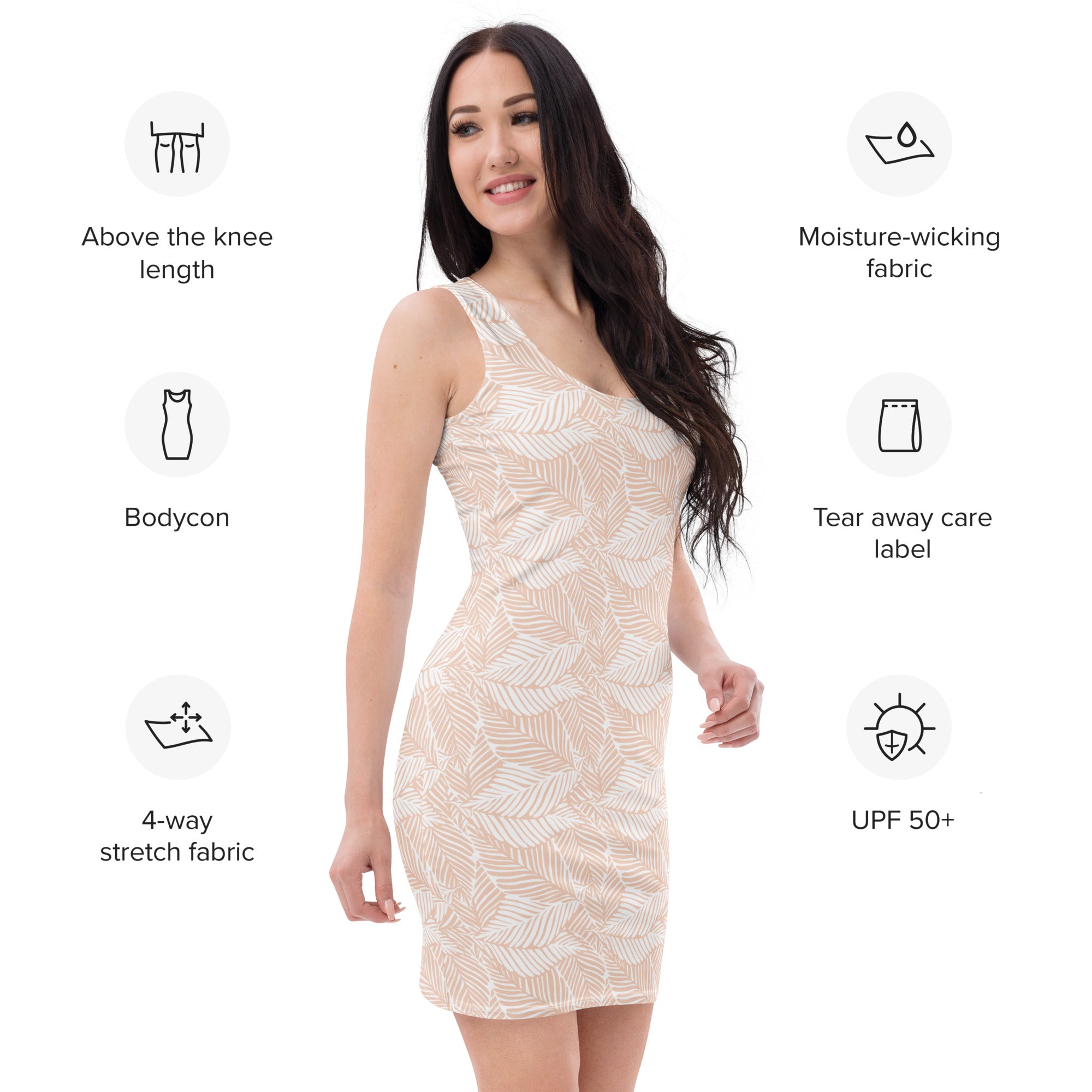 Women's Sand Beige Tropical Leaf Bodycon Dress – Buttery Soft Fit With UPF 50+ Sun Protection