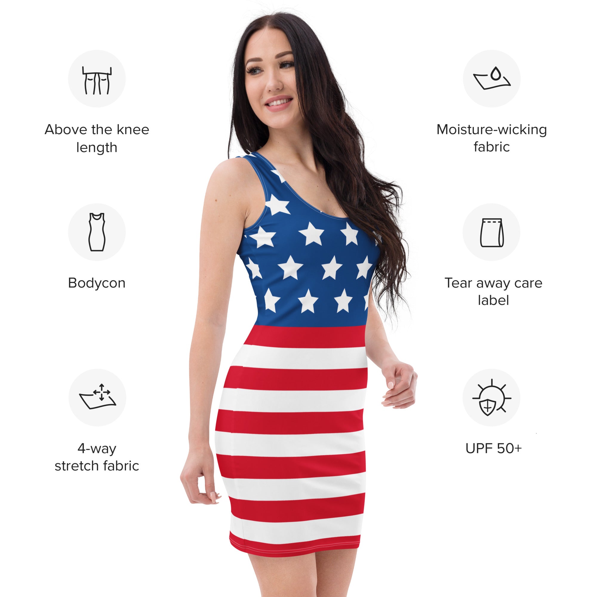 Women’s american flag bodycon dress with one shoulder made of moisture-wicking 4-way stretch fabric and upf 50+ sun protection