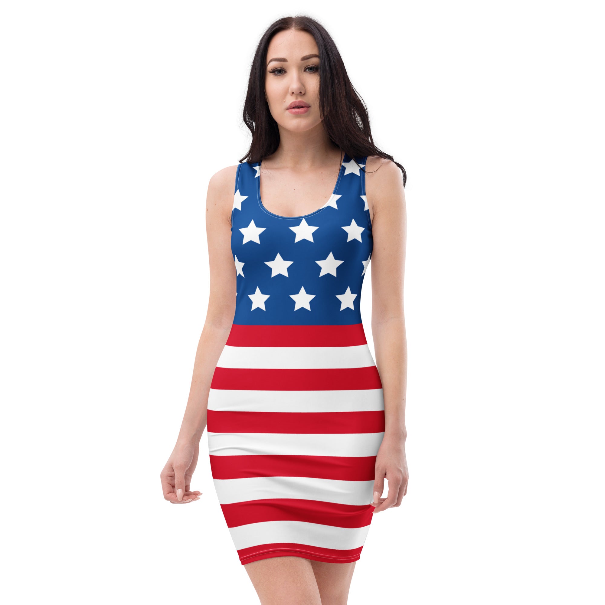 Women’s american flag bodycon dress with buttery soft fit vibrant red white stripes blue star section and upf 50 plus protection