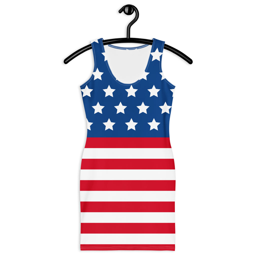 Women’s american flag bodycon dress with fitted sleeveless design buttery soft fit and upf 50 plus sun protection