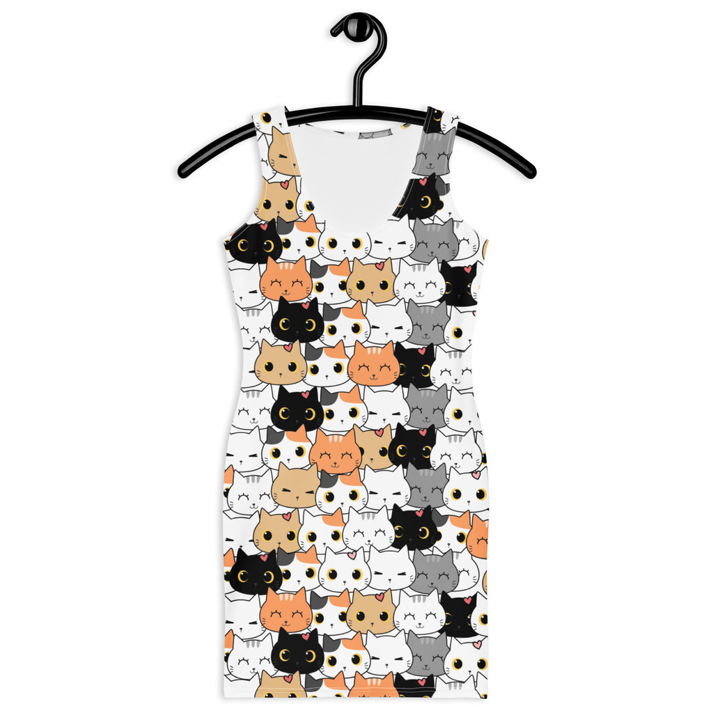 White sleeveless women’s bodycon dress with cartoon cat pattern buttery soft fit and upf 50 plus sun protection