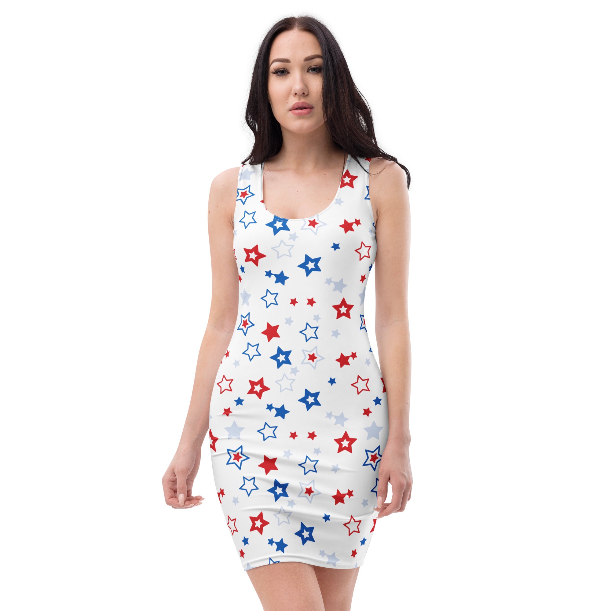White sleeveless bodycon dress with red blue and silver star pattern buttery soft fit with upf 50 plus sun protection