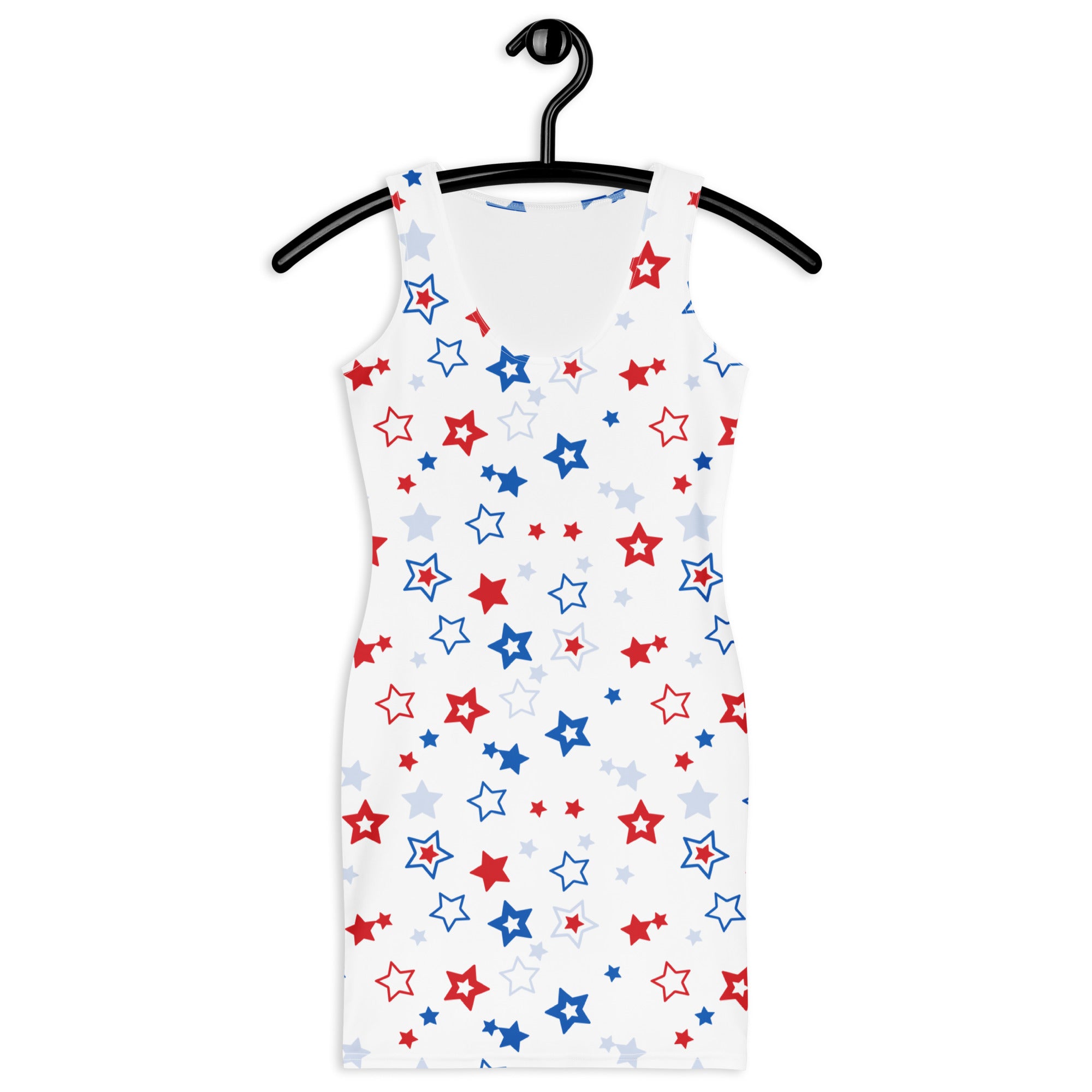 Women’s white sleeveless bodycon dress with red blue and light gray stars buttery soft fit and upf 50 plus protection
