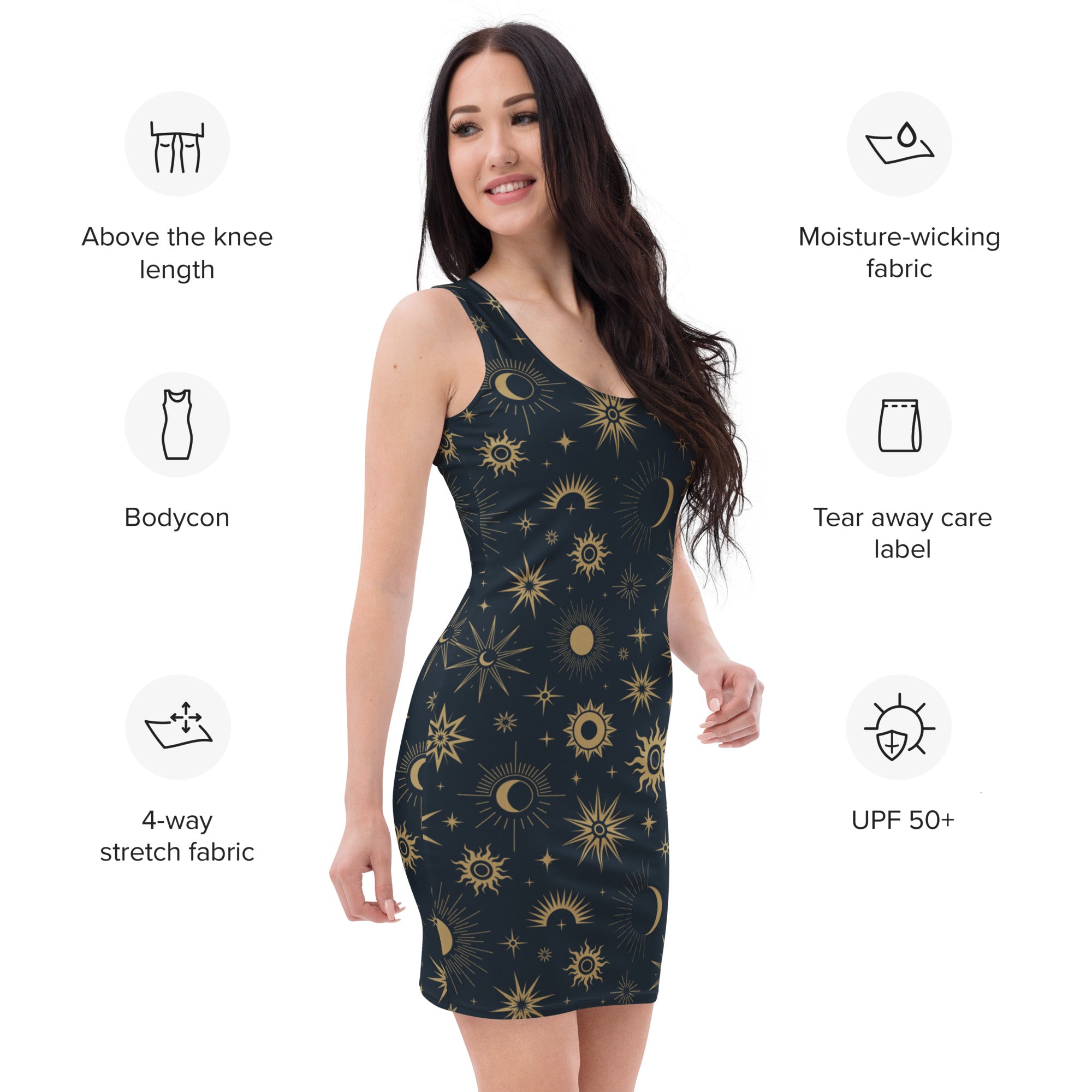 Women's Celestial Sun & Moon Bodycon Dress – Buttery Soft Fit With UPF 50+ Sun Protection